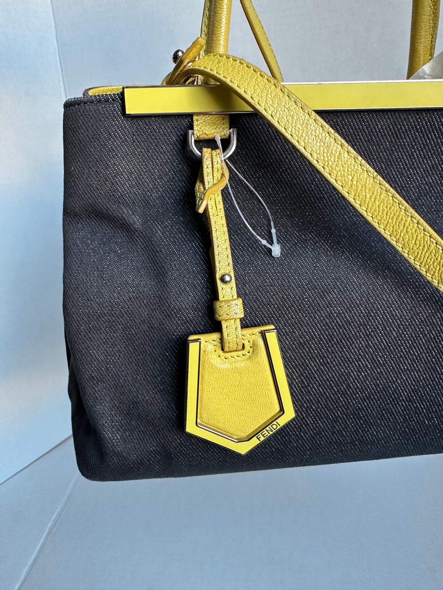 Available Fendi Navy Blue/Yellow Denim and Leather Small 2Jours Tote