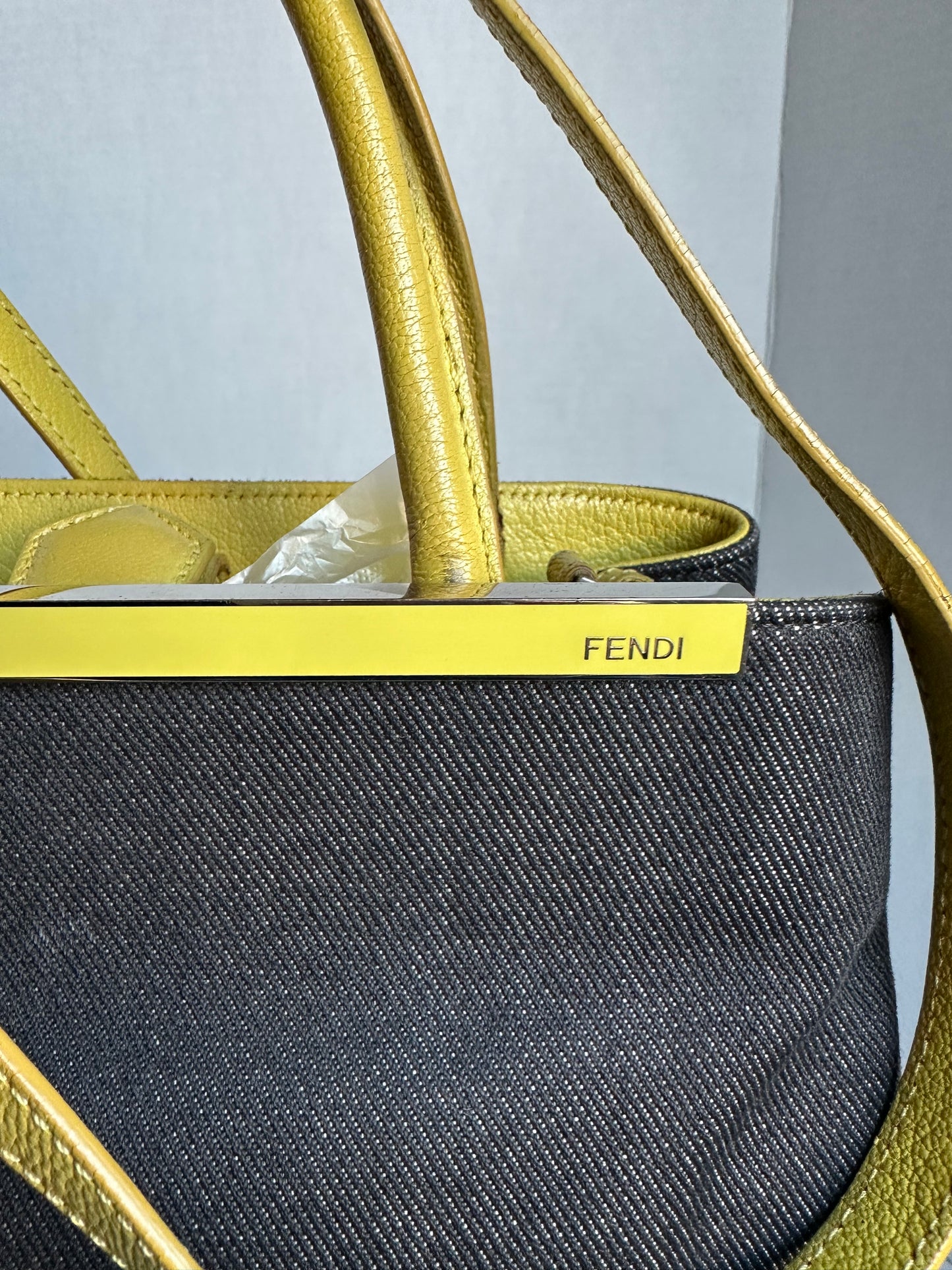 Available Fendi Navy Blue/Yellow Denim and Leather Small 2Jours Tote