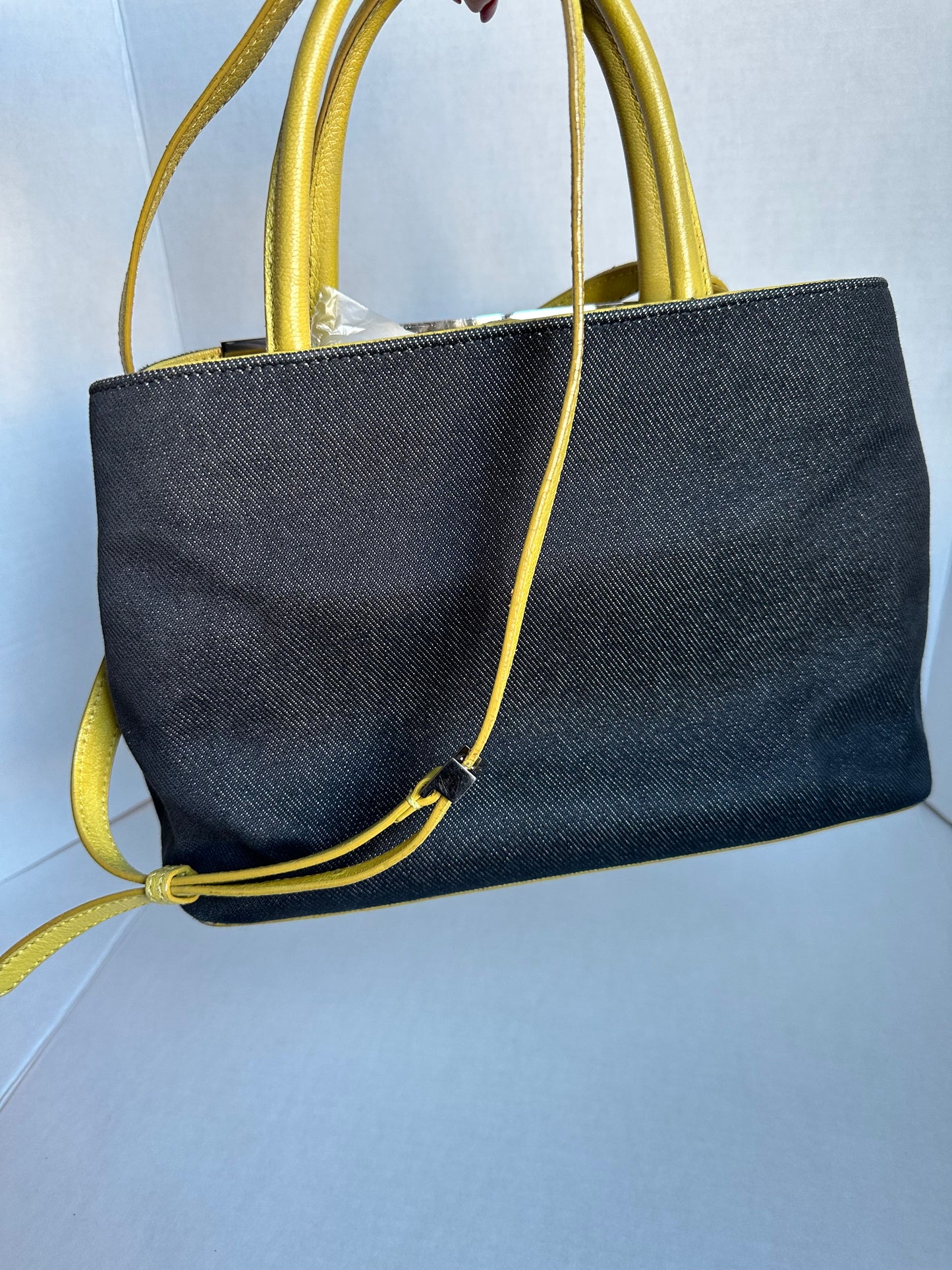 Available Fendi Navy Blue/Yellow Denim and Leather Small 2Jours Tote