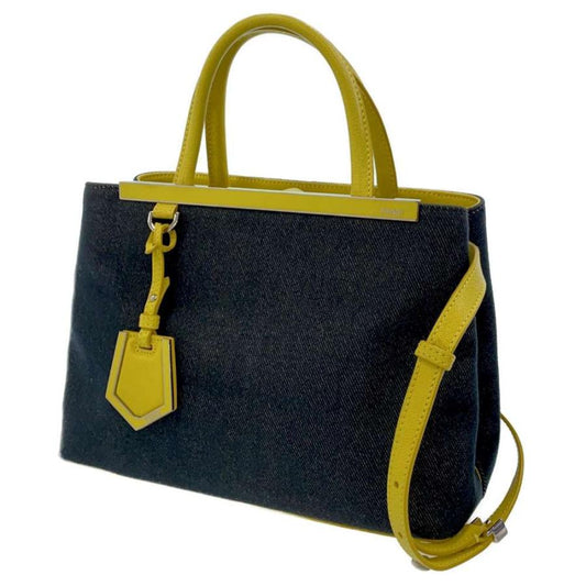 Available Fendi Navy Blue/Yellow Denim and Leather Small 2Jours Tote