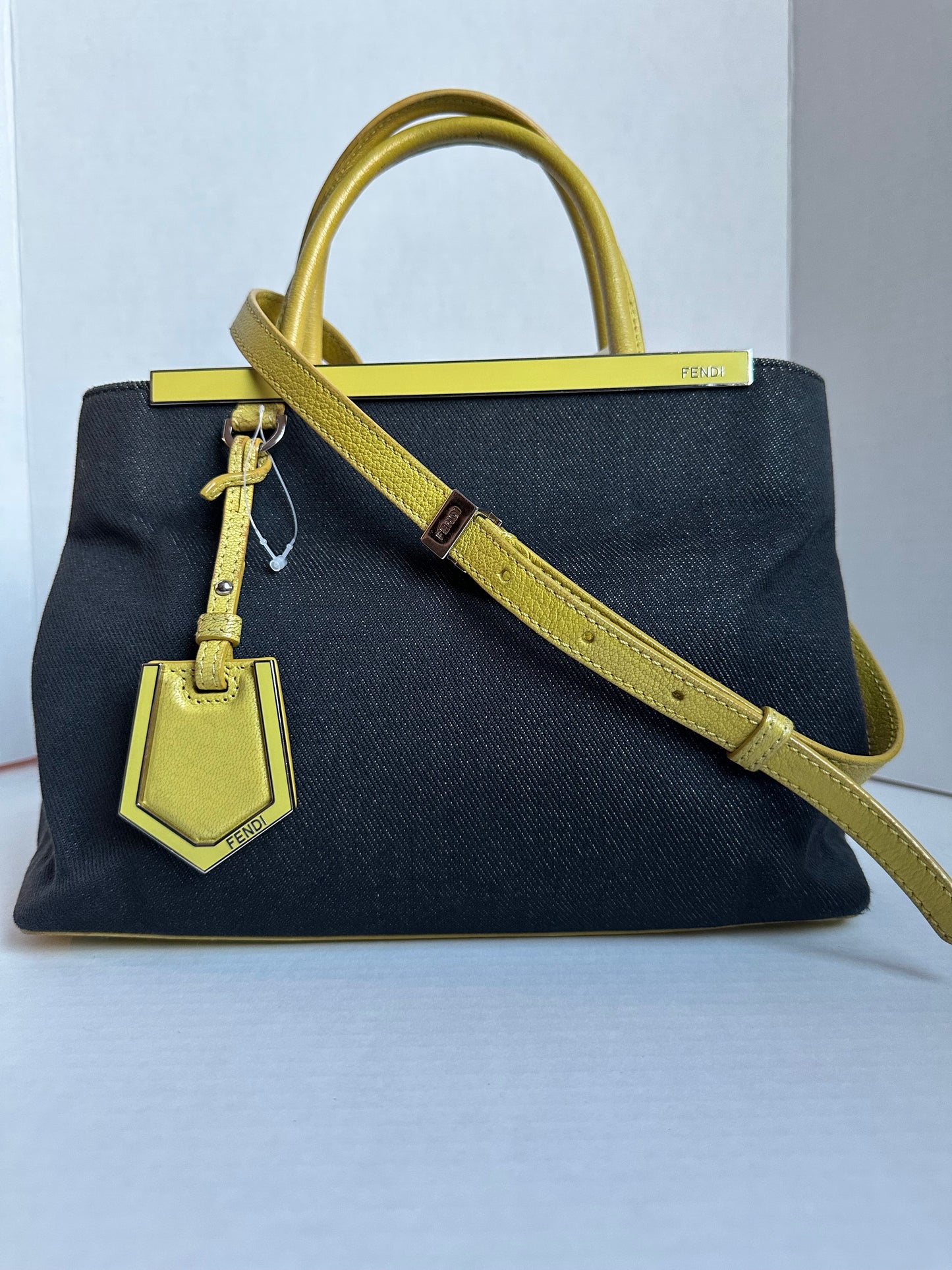 Available Fendi Navy Blue/Yellow Denim and Leather Small 2Jours Tote