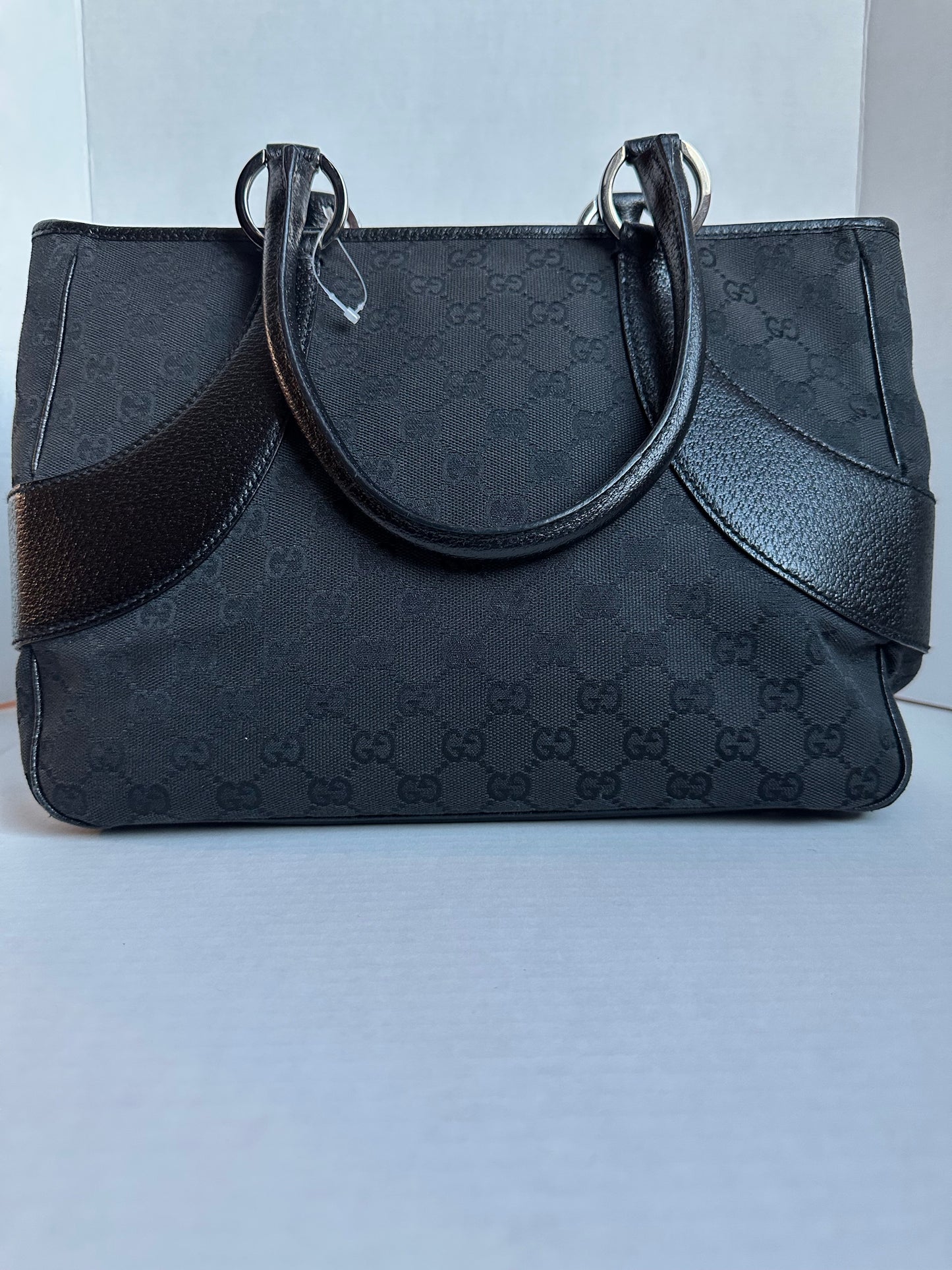 Gucci GG Canvas Tote Bag Shoulder Black Leather Ladies