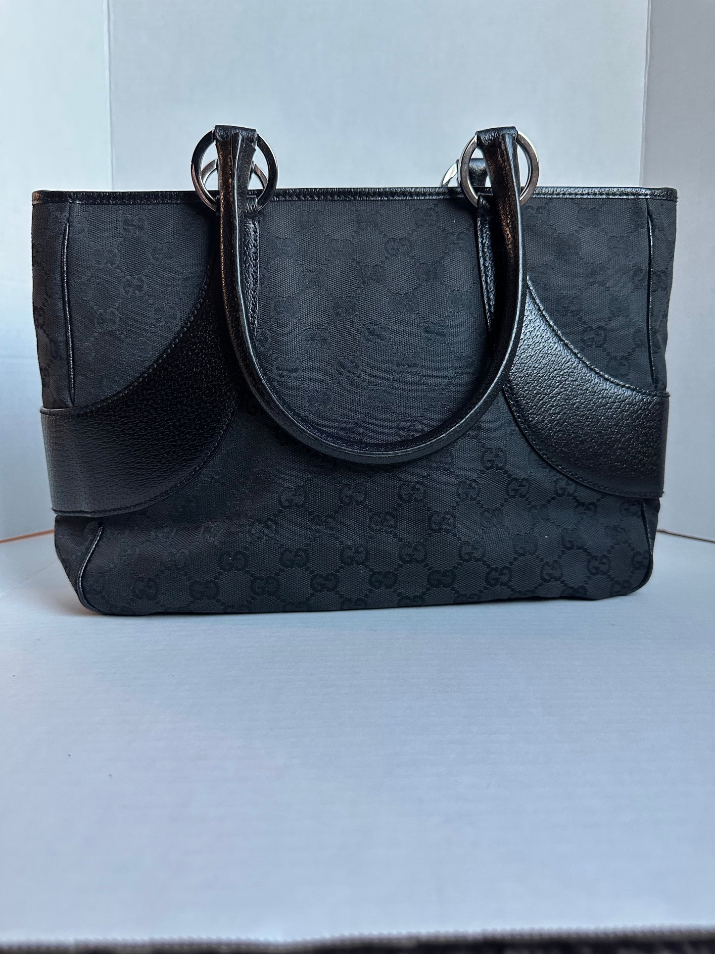 Gucci GG Canvas Tote Bag Shoulder Black Leather Ladies