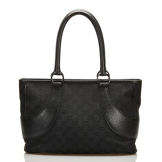 Gucci GG Canvas Tote Bag Shoulder Black Leather Ladies