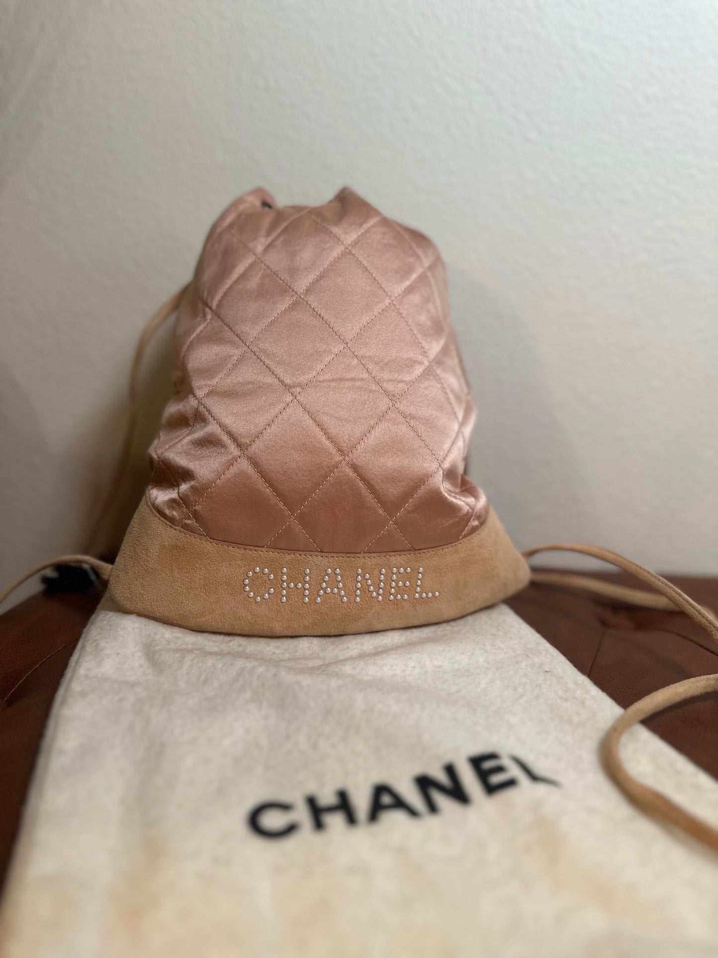 Available Chanel Vintage Quilted Satin and Suede Drawstring Backpack