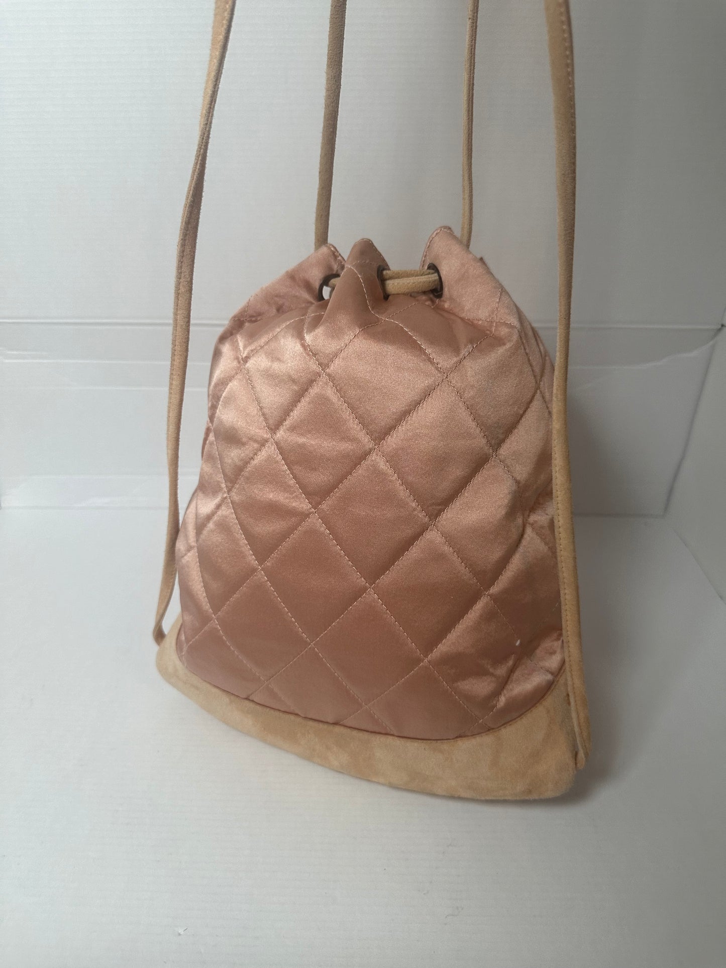 Available Chanel Vintage Quilted Satin and Suede Drawstring Backpack