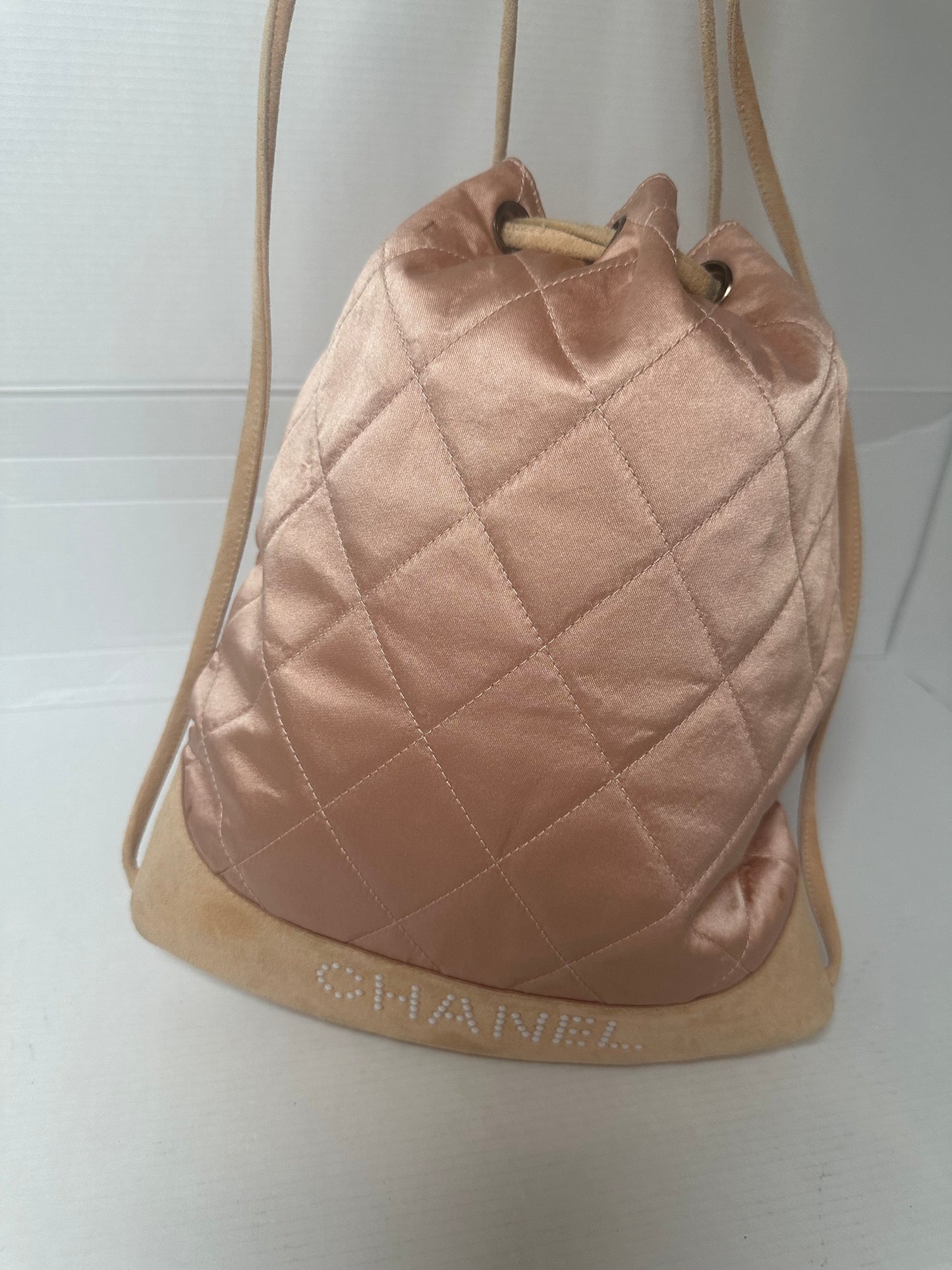 Available Chanel Vintage Quilted Satin and Suede Drawstring Backpack