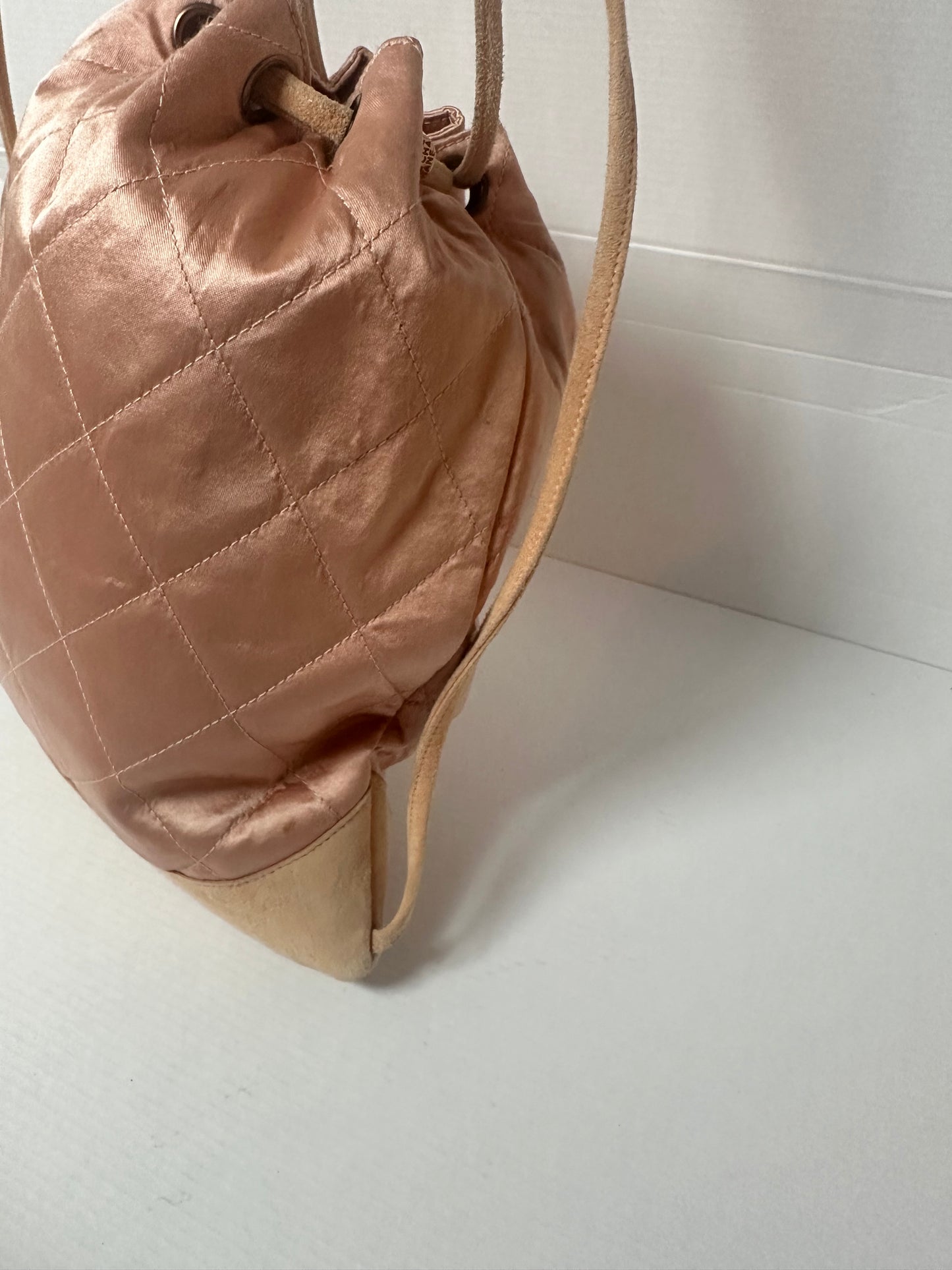 Available Chanel Vintage Quilted Satin and Suede Drawstring Backpack