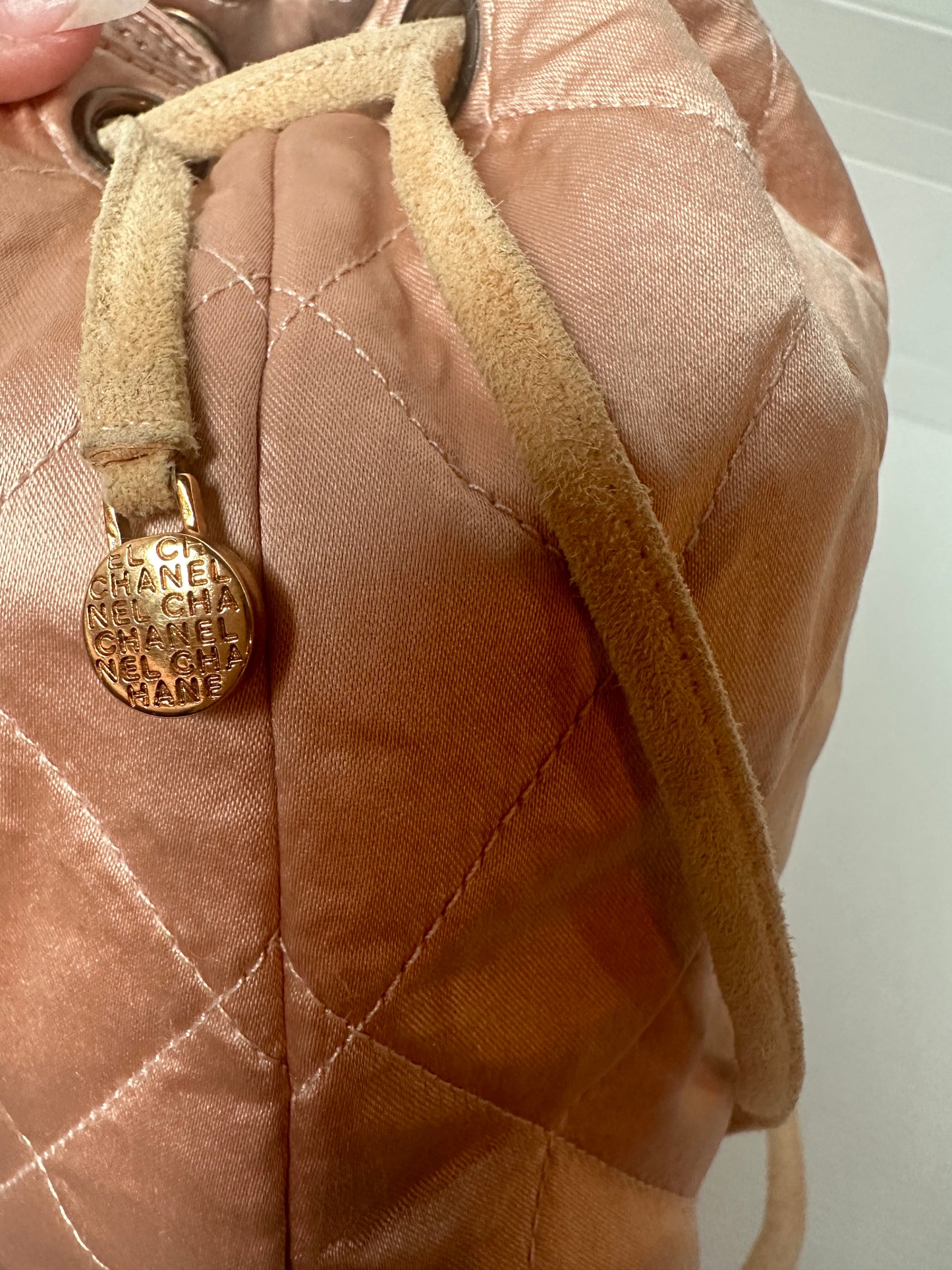 Available Chanel Vintage Quilted Satin and Suede Drawstring Backpack