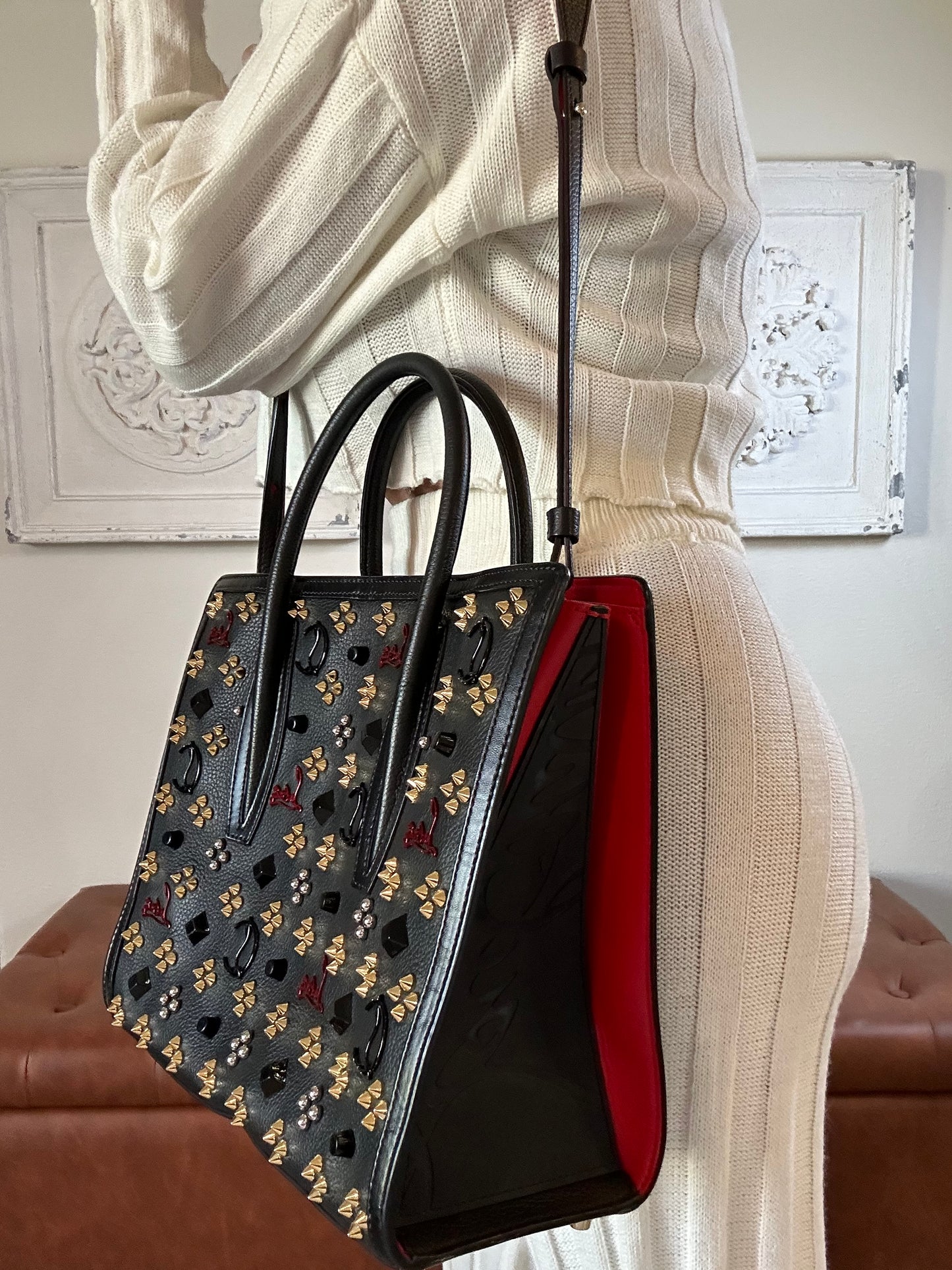 Christian Louboutin Paloma Tote Embellished Leather Medium Black