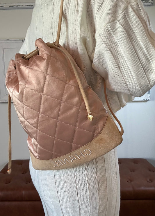 Available Chanel Vintage Quilted Satin and Suede Drawstring Backpack