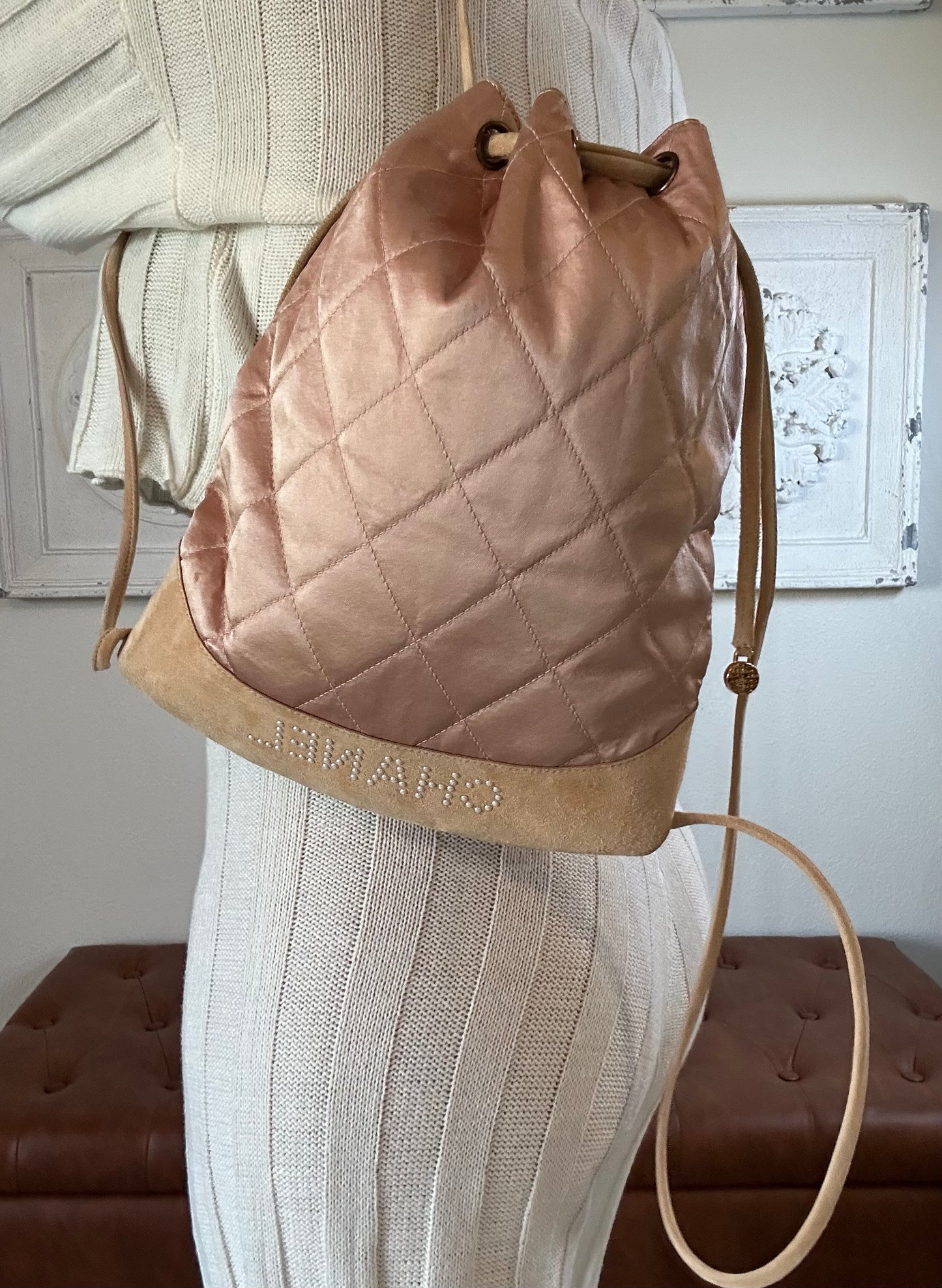 Available Chanel Vintage Quilted Satin and Suede Drawstring Backpack