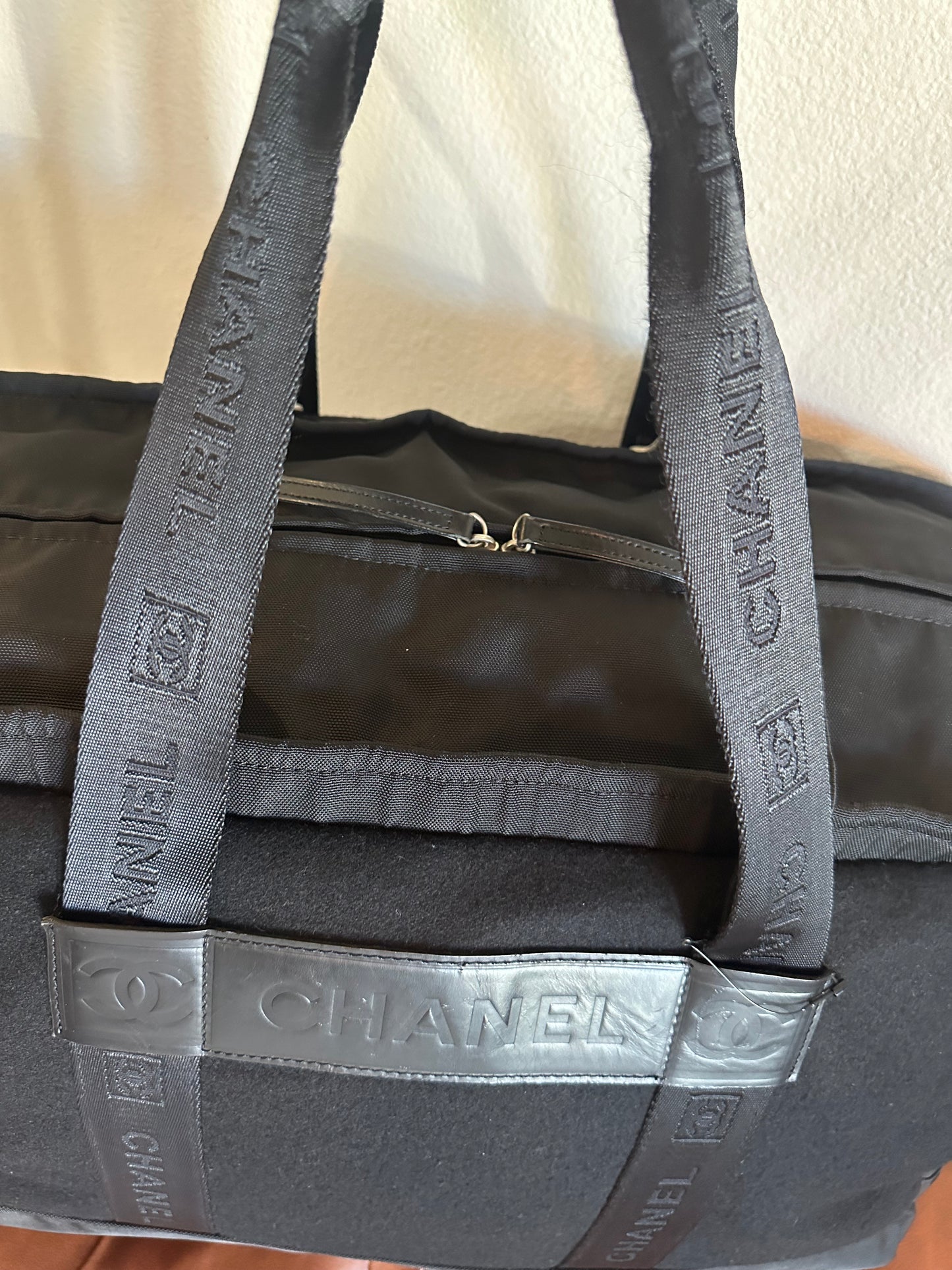 CHANEL Sports CC Logo Hand Bag Travel Canvas Wool Leather Black Silver LARGE