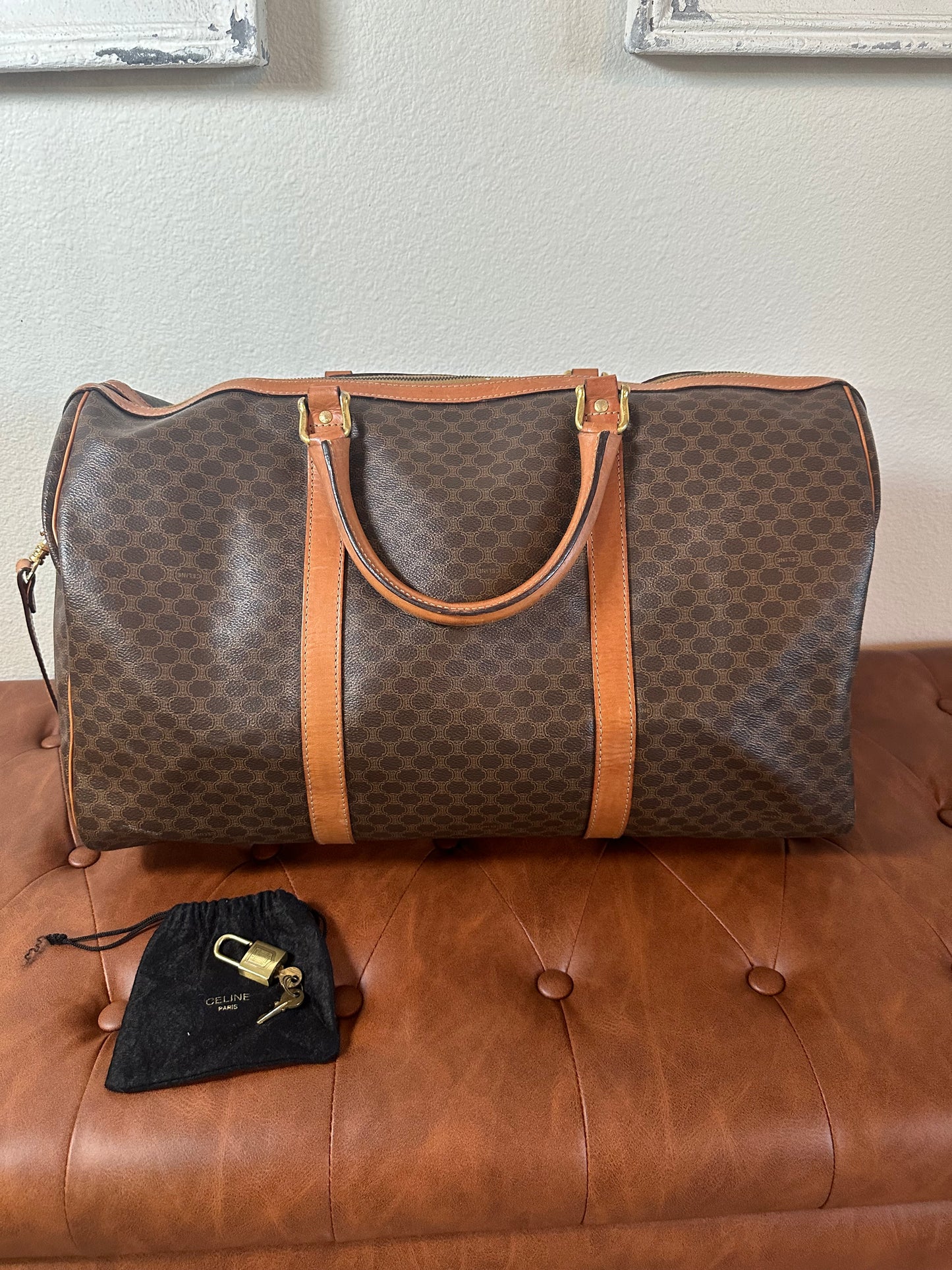 Celine Vintage Large Duffle Bag with strap, lock and key