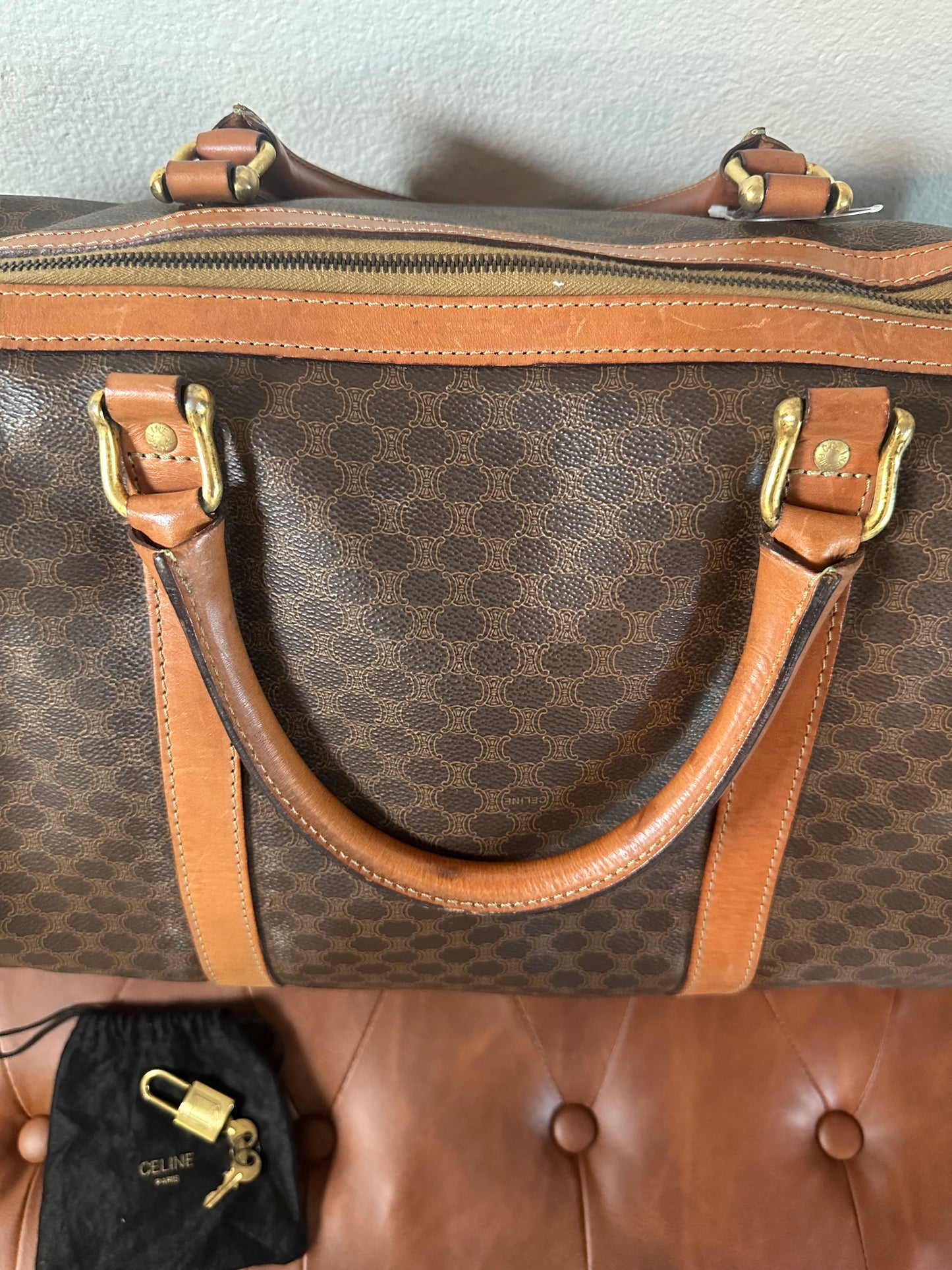Celine Vintage Large Duffle Bag with strap, lock and key