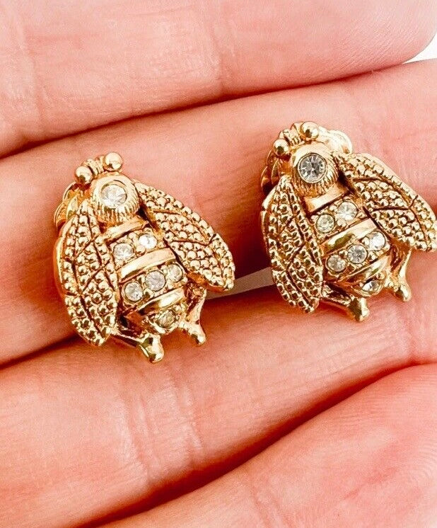 DIOR EARRINGS VINTAGE ICONIC BEE AUTHENTIC CHRISTIAN DIOR GOLD TONE RHINESTONE