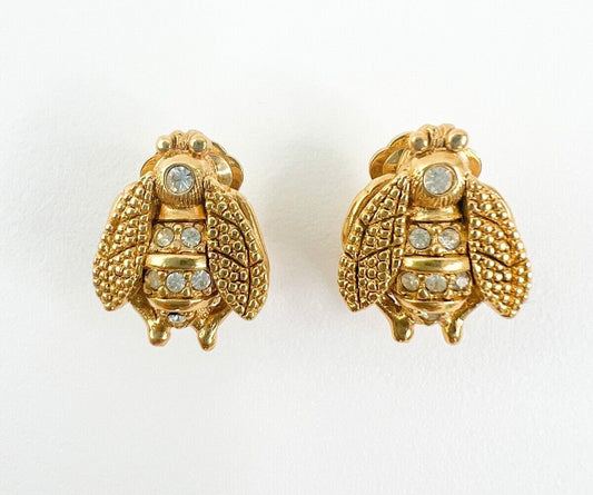 DIOR EARRINGS VINTAGE ICONIC BEE AUTHENTIC CHRISTIAN DIOR GOLD TONE RHINESTONE