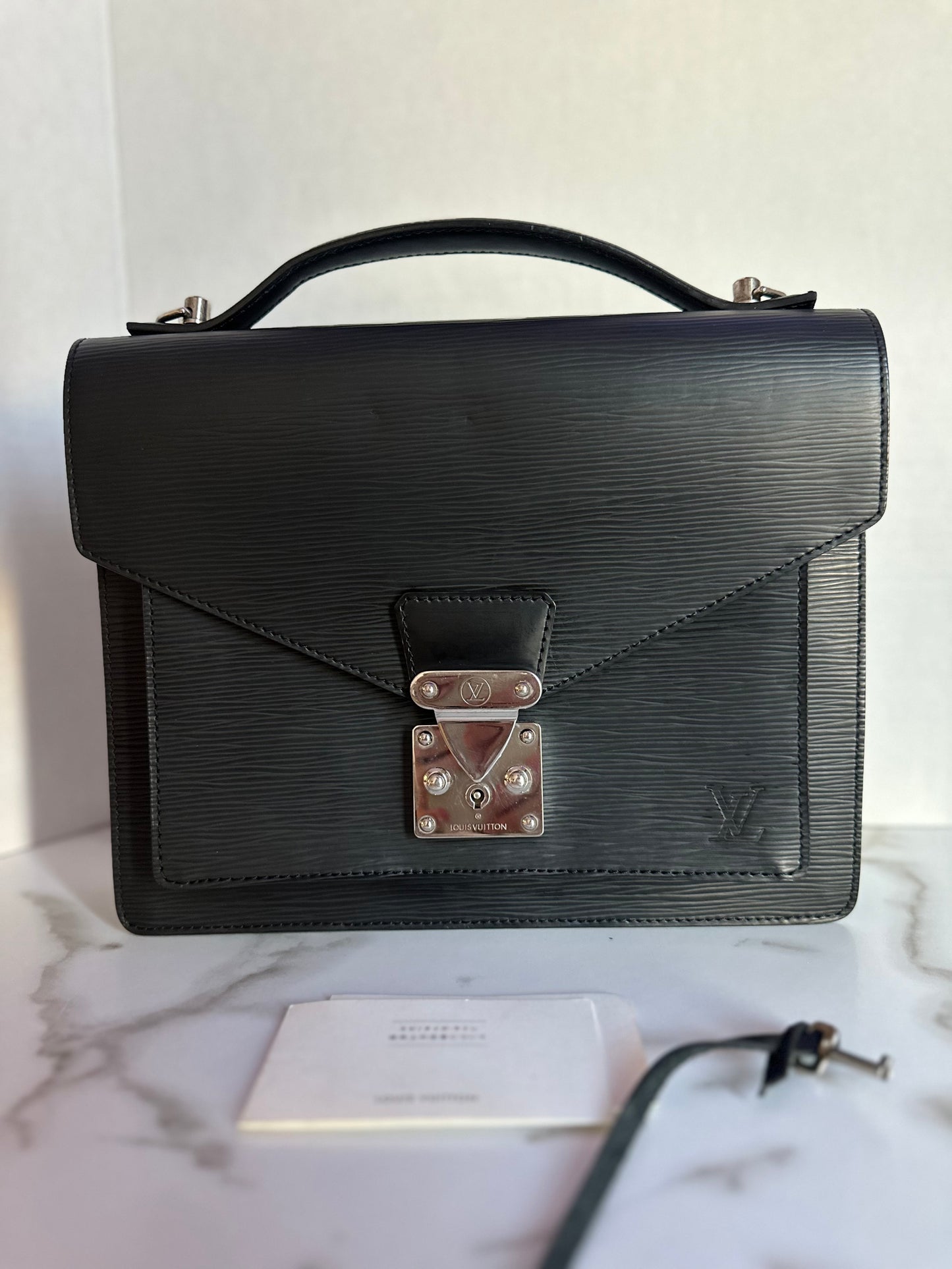 Available LOUIS VUITTON black Epi Monceau 28 Hand Bag 2way