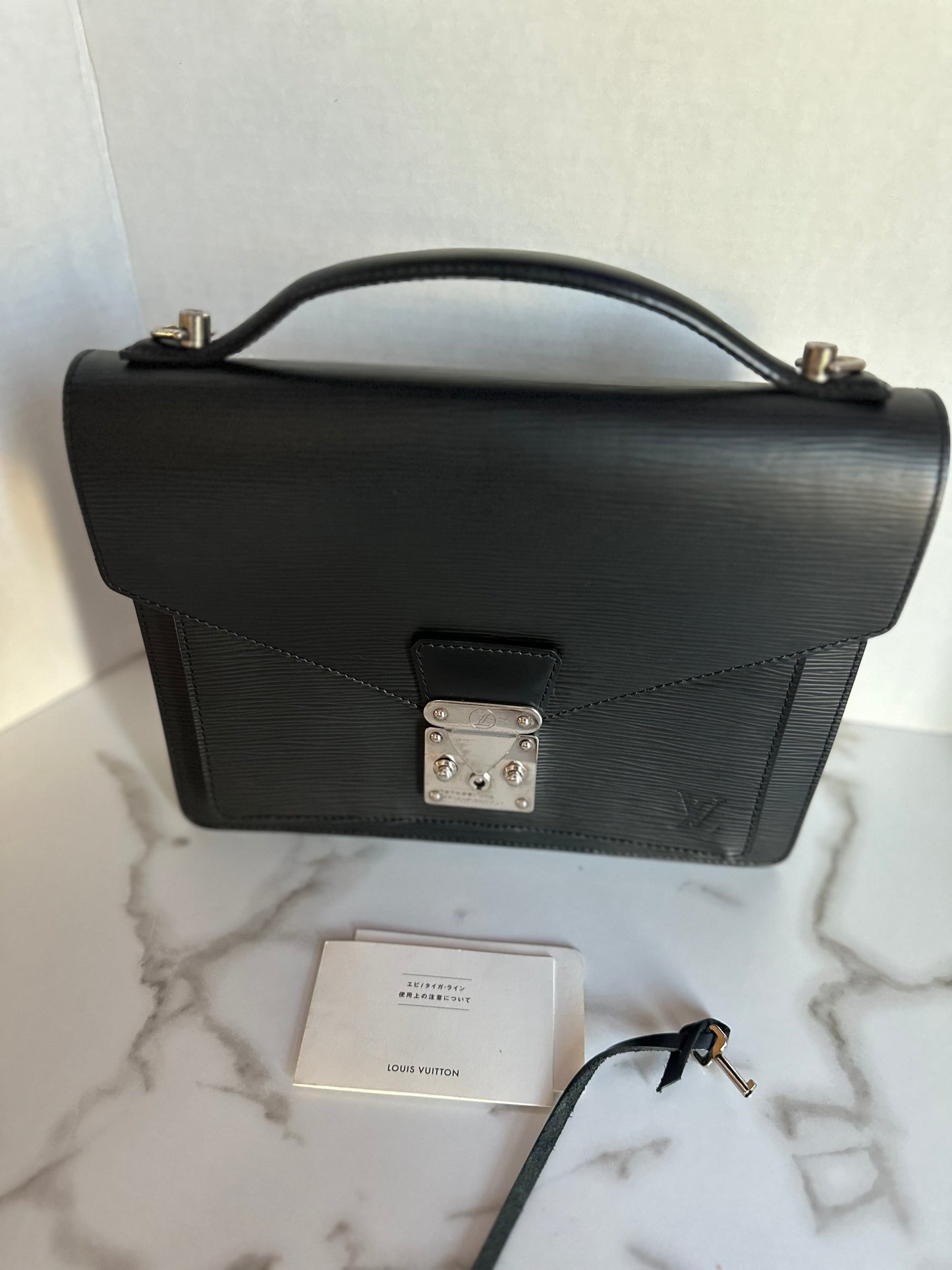 Available LOUIS VUITTON black Epi Monceau 28 Hand Bag 2way