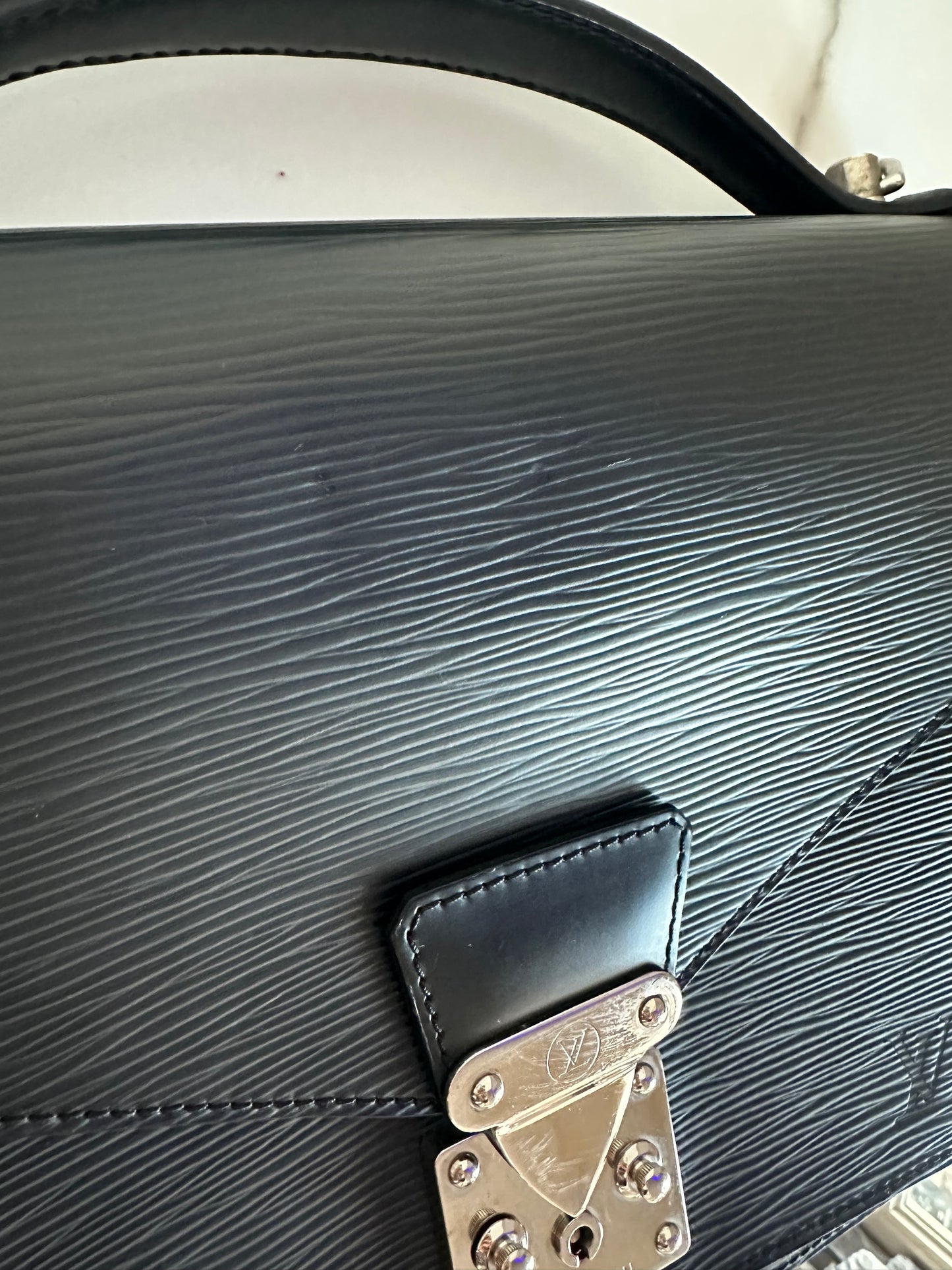 Available LOUIS VUITTON black Epi Monceau 28 Hand Bag 2way