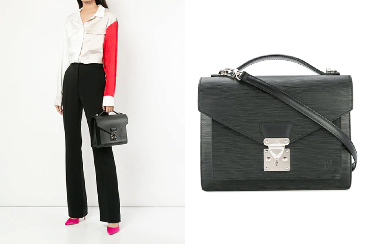 Available LOUIS VUITTON black Epi Monceau 28 Hand Bag 2way