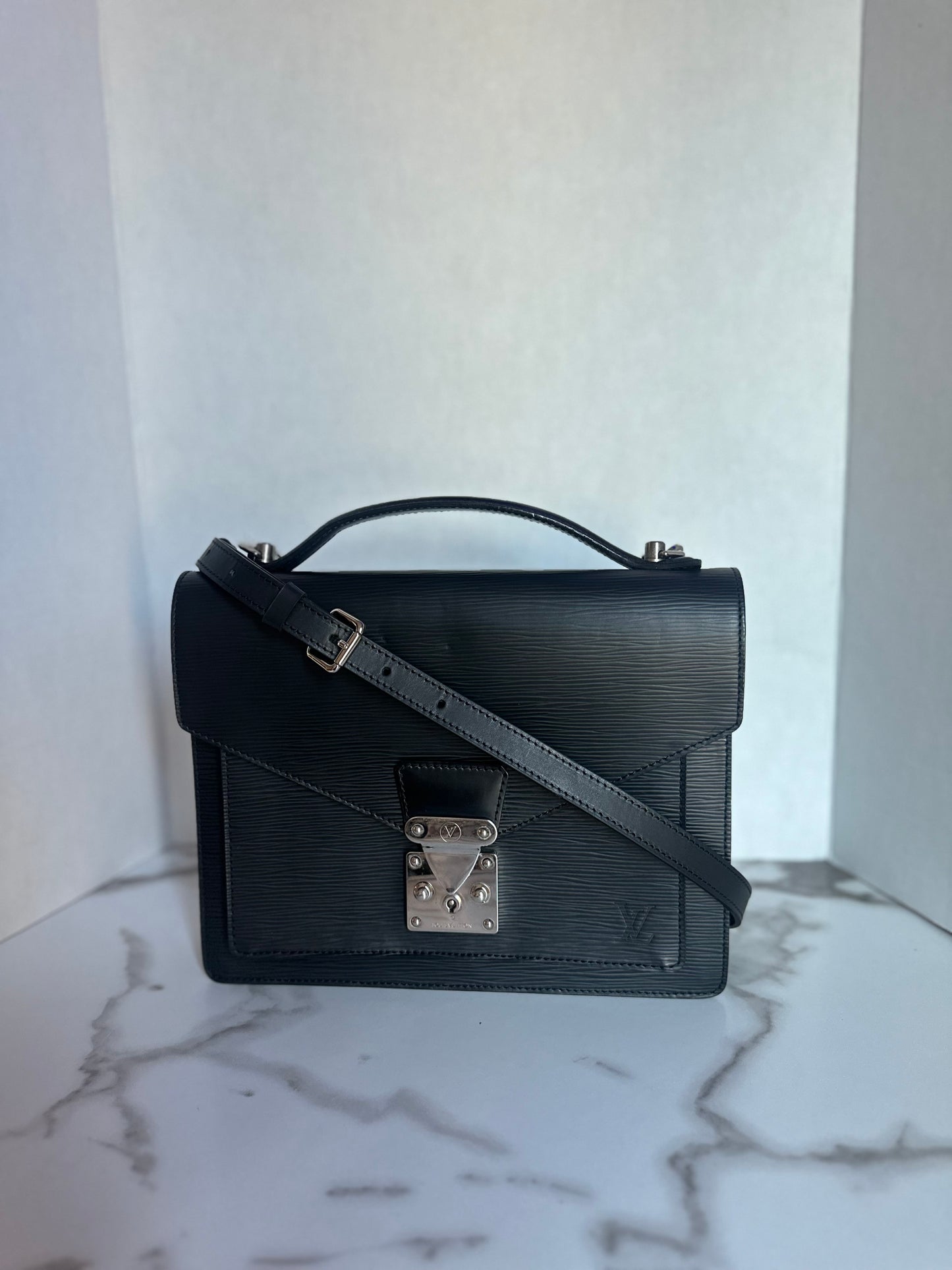 Available LOUIS VUITTON black Epi Monceau 28 Hand Bag 2way