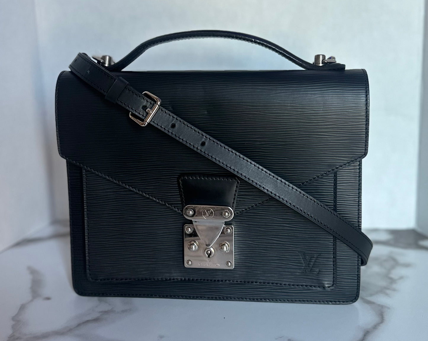 Available LOUIS VUITTON black Epi Monceau 28 Hand Bag 2way