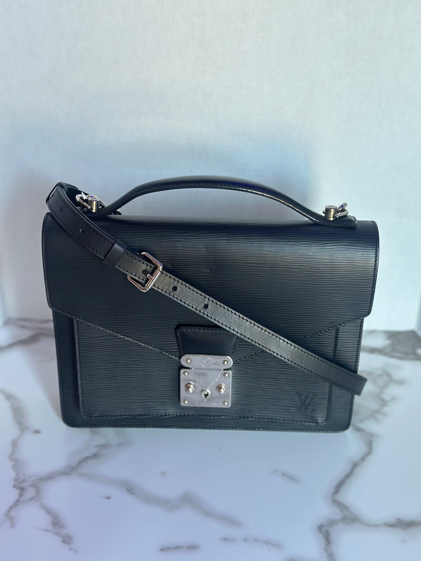 Available LOUIS VUITTON black Epi Monceau 28 Hand Bag 2way
