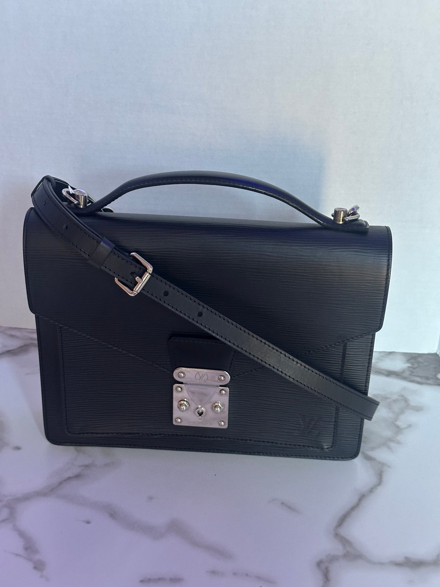 Available LOUIS VUITTON black Epi Monceau 28 Hand Bag 2way