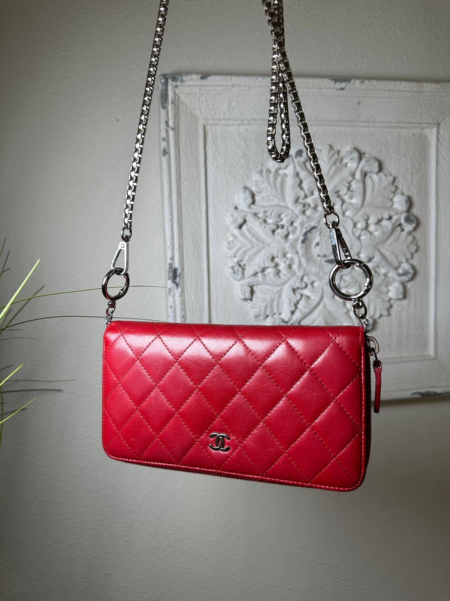 Chanel Quilted Lambskin Zip Around Wallet red WOC