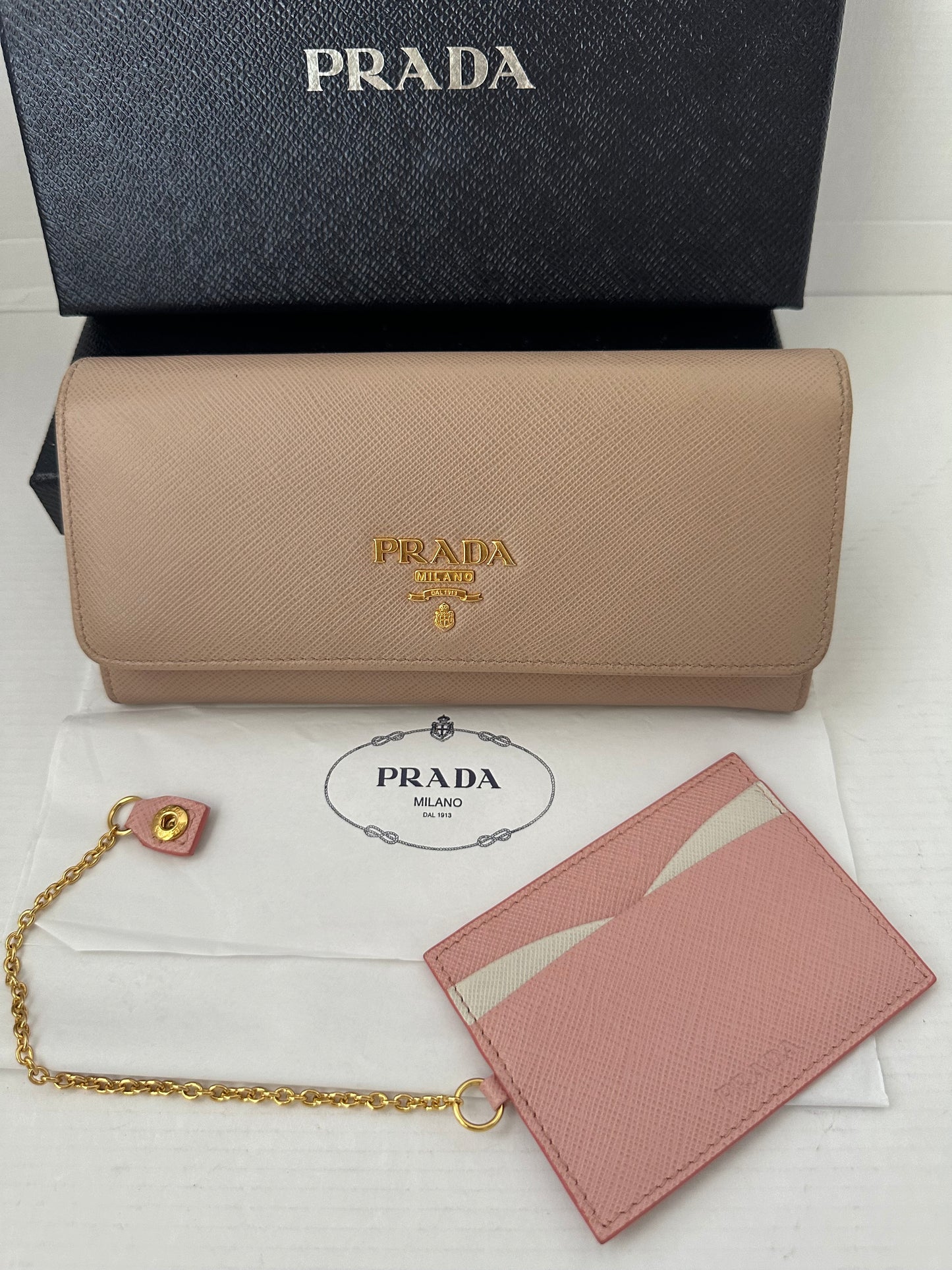 Prada Beige Saffiano Lux Leather Flap Continental Wallet WOC