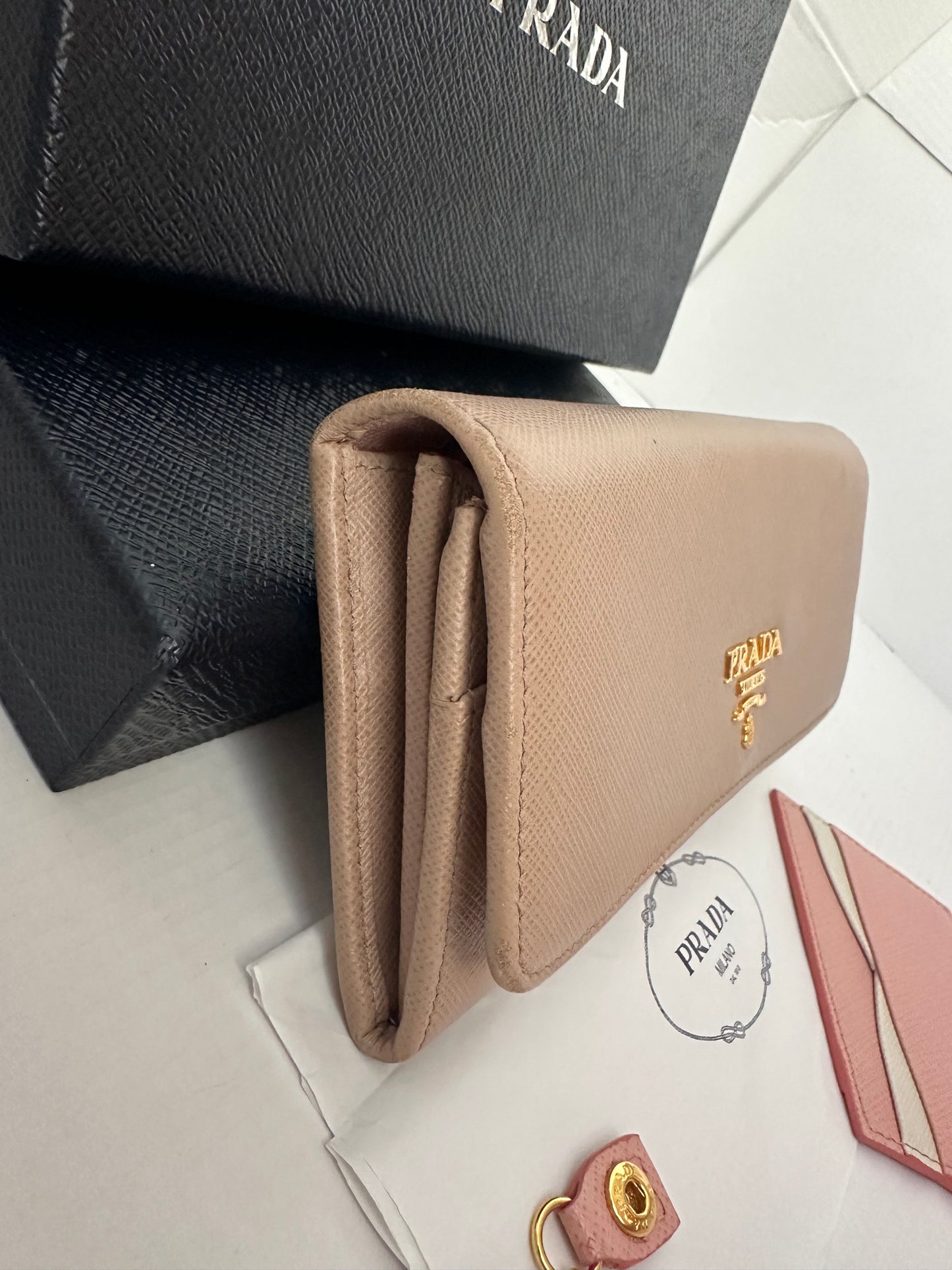 Prada Beige Saffiano Lux Leather Flap Continental Wallet WOC