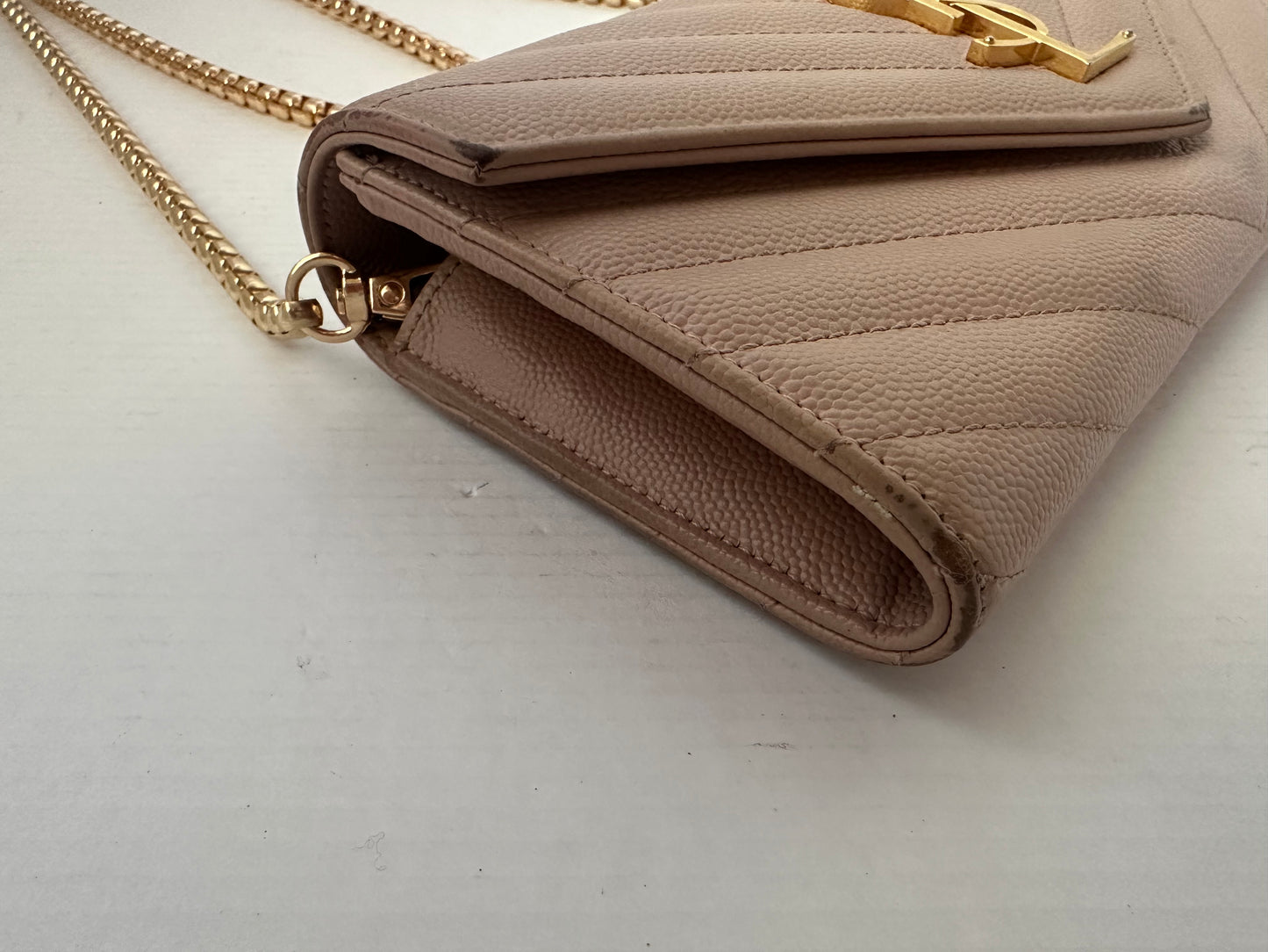 YSL Caviar Leather Flap Crossbody Purse Clutch WOC pink Gold