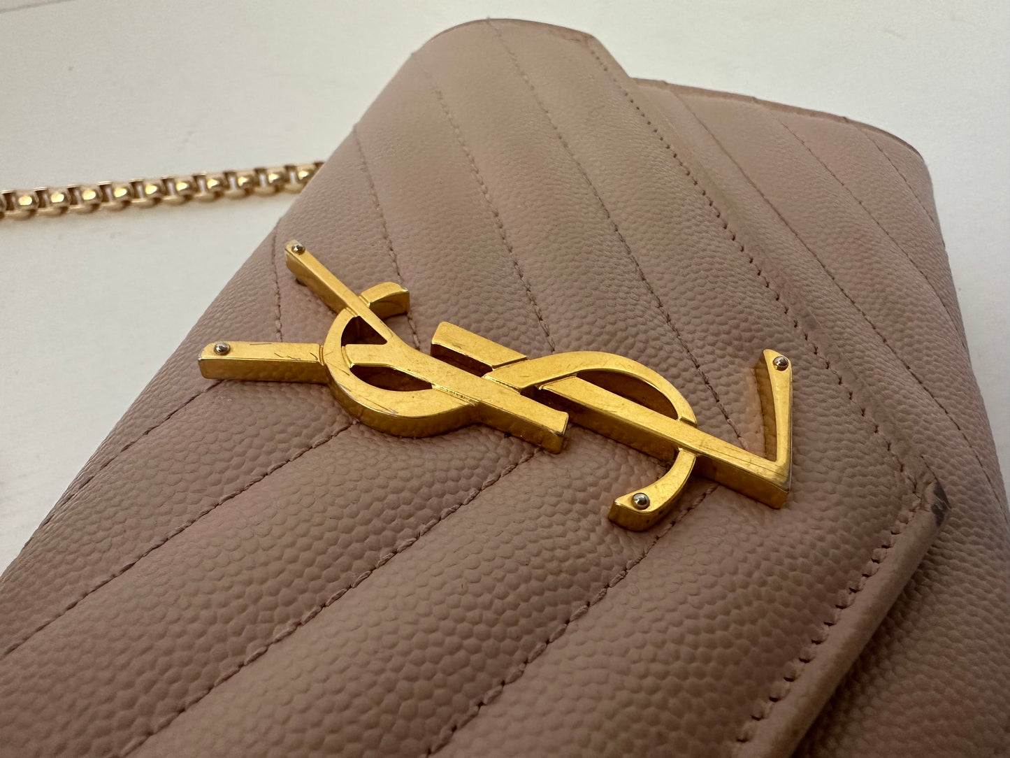 YSL Caviar Leather Flap Crossbody Purse Clutch WOC pink Gold