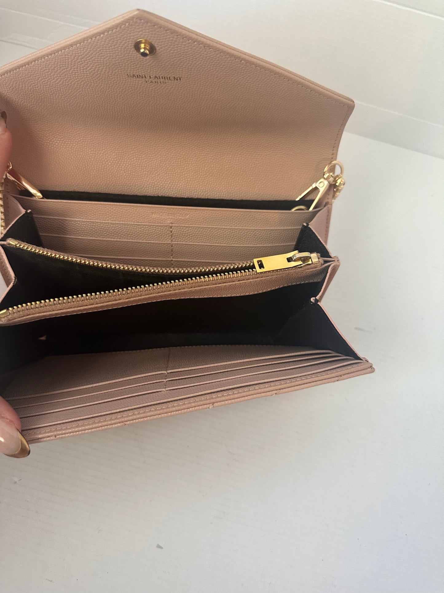 YSL Caviar Leather Flap Crossbody Purse Clutch WOC pink Gold