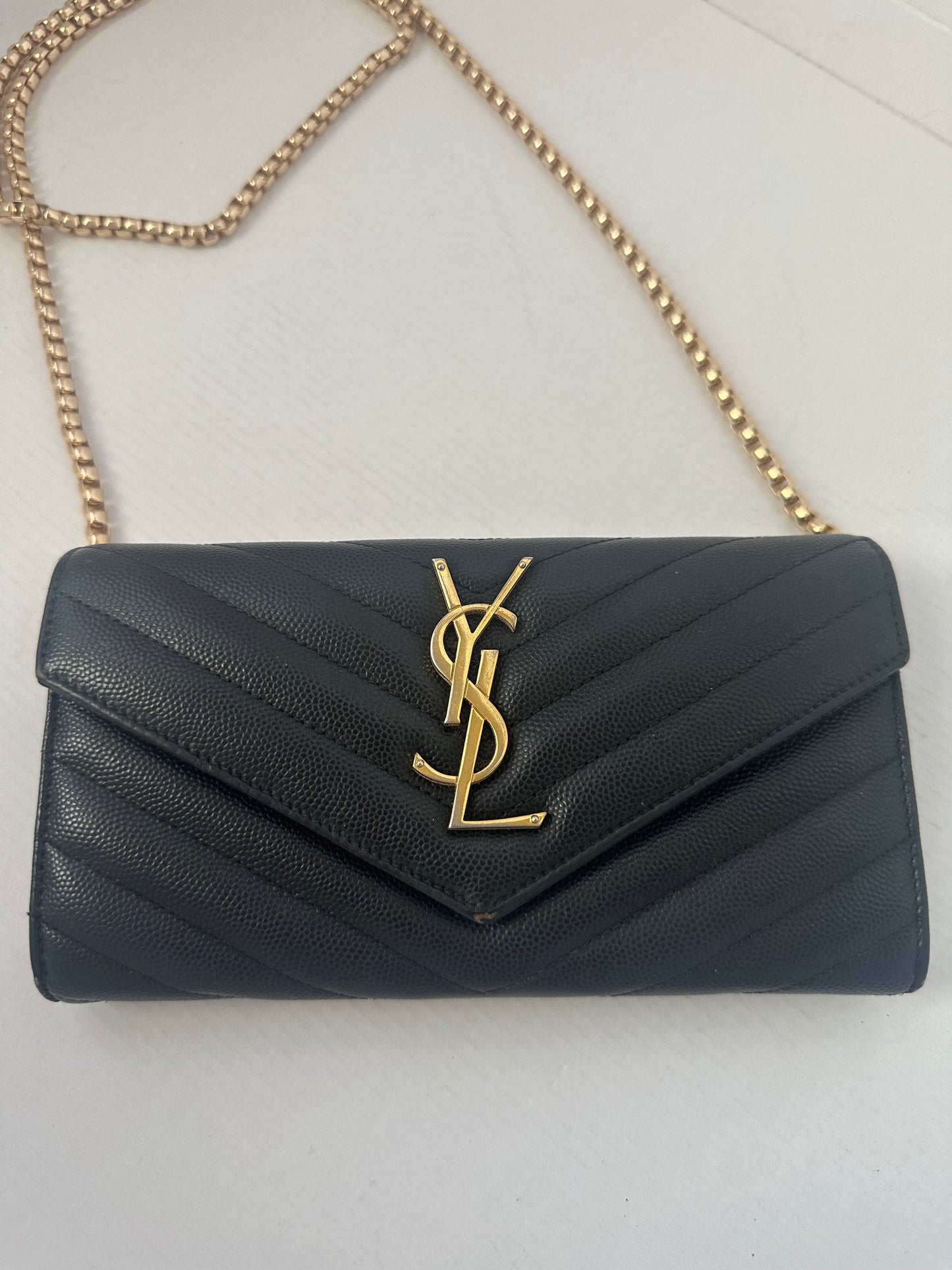 YSL Caviar Leather Flap Crossbody Purse Clutch WOC Black Gold