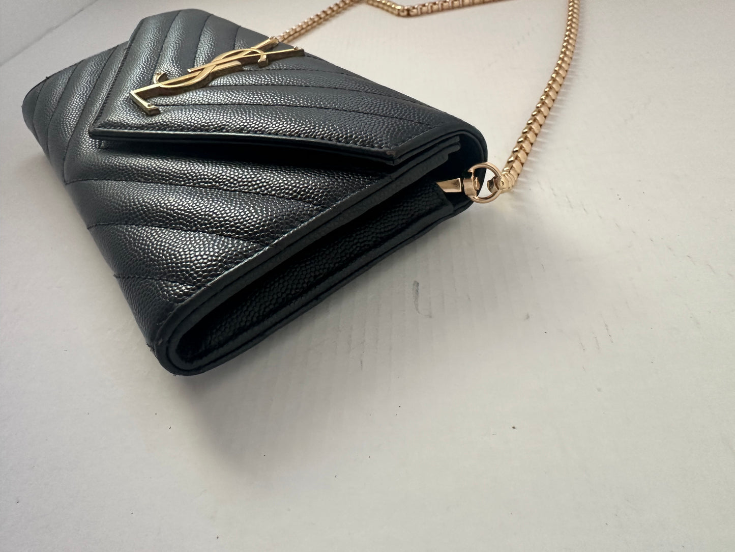 YSL Caviar Leather Flap Crossbody Purse Clutch WOC Black Gold