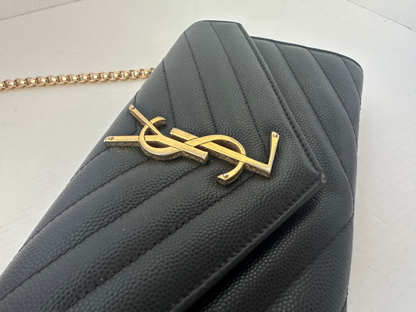 YSL Caviar Leather Flap Crossbody Purse Clutch WOC Black Gold