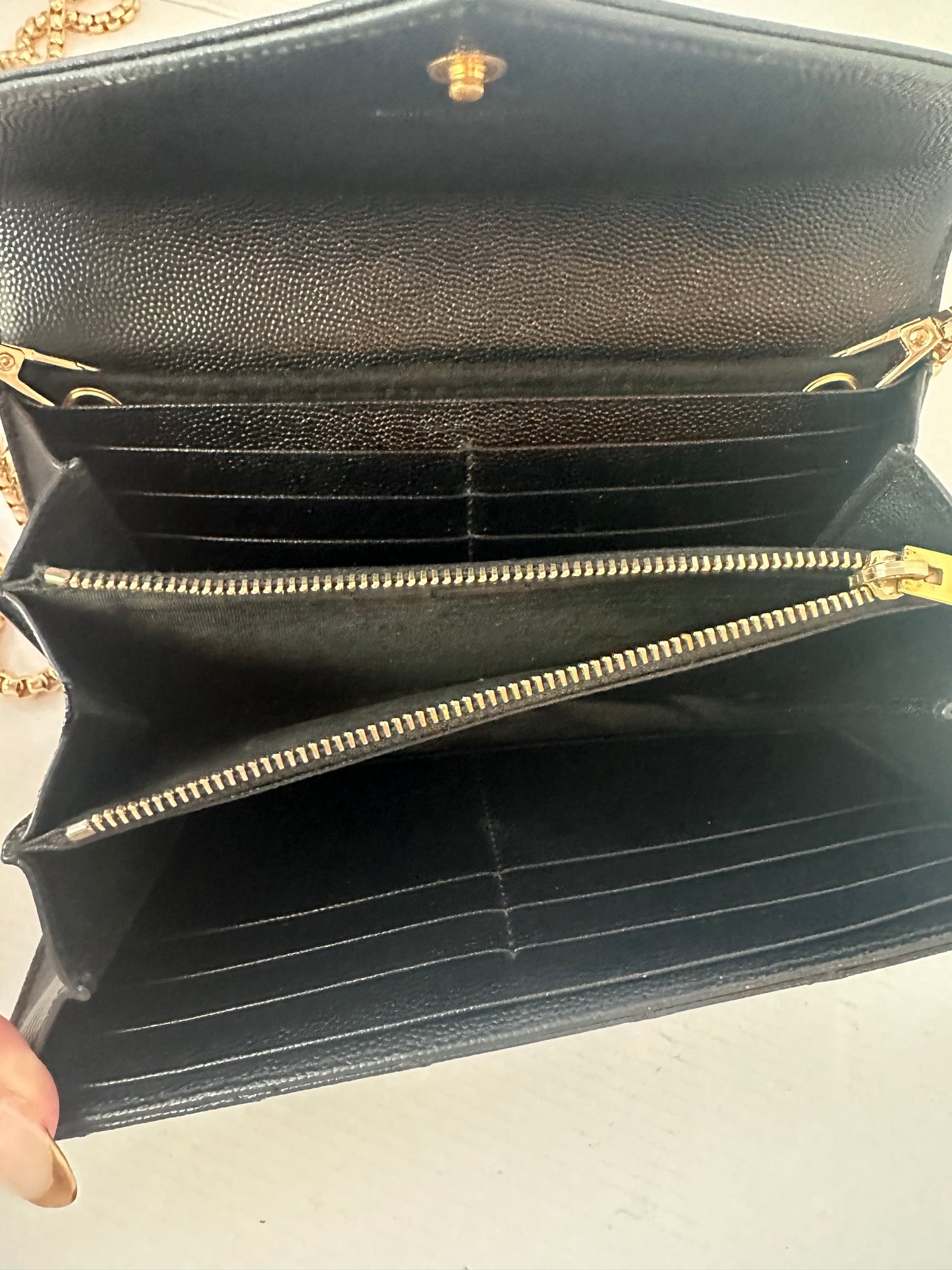 YSL Caviar Leather Flap Crossbody Purse Clutch WOC Black Gold