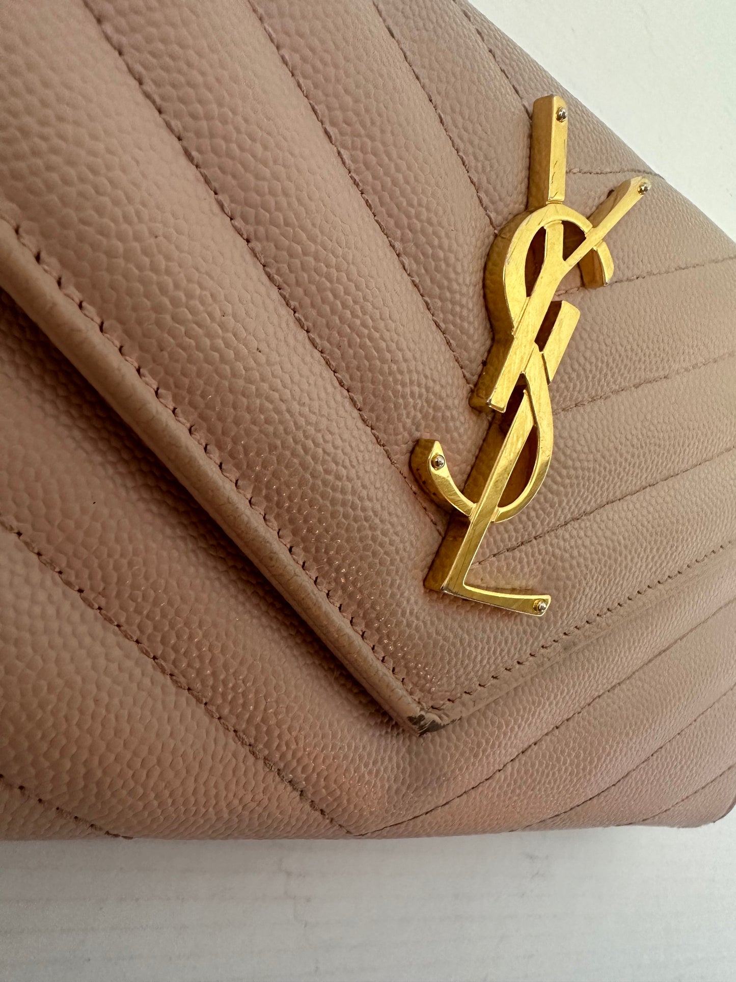 YSL Caviar Leather Flap Crossbody Purse Clutch WOC pink Gold