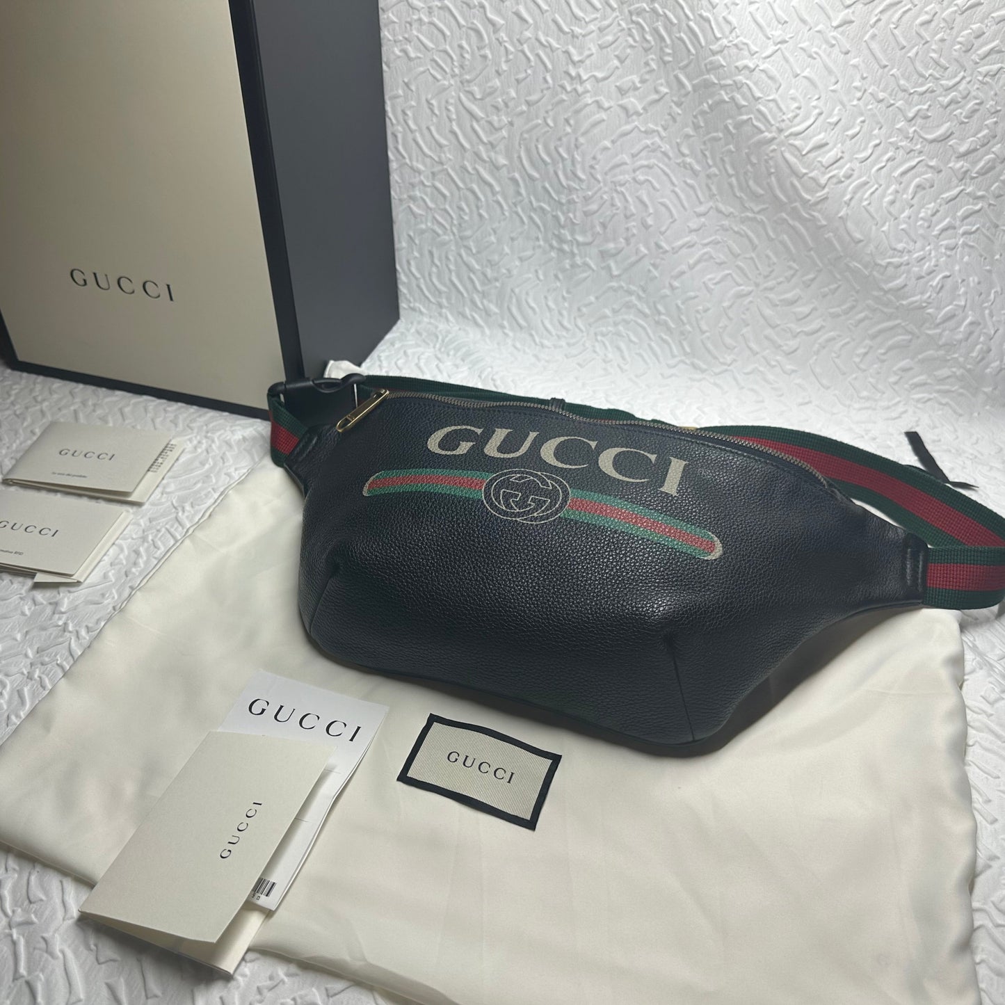 Gucci Black Pebbled Leather Logo Belt Bag