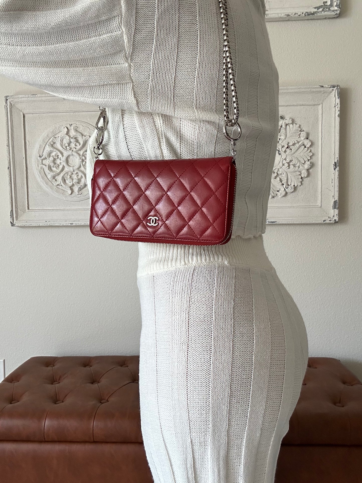 Chanel Quilted Lambskin Zip Around Wallet red WOC