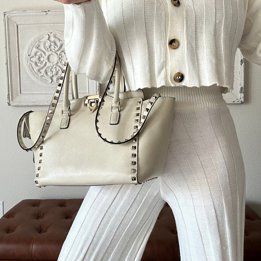 VALENTINO IVORY ROCKSTUD CROSSBODY SMALL TOTE BAG with strap