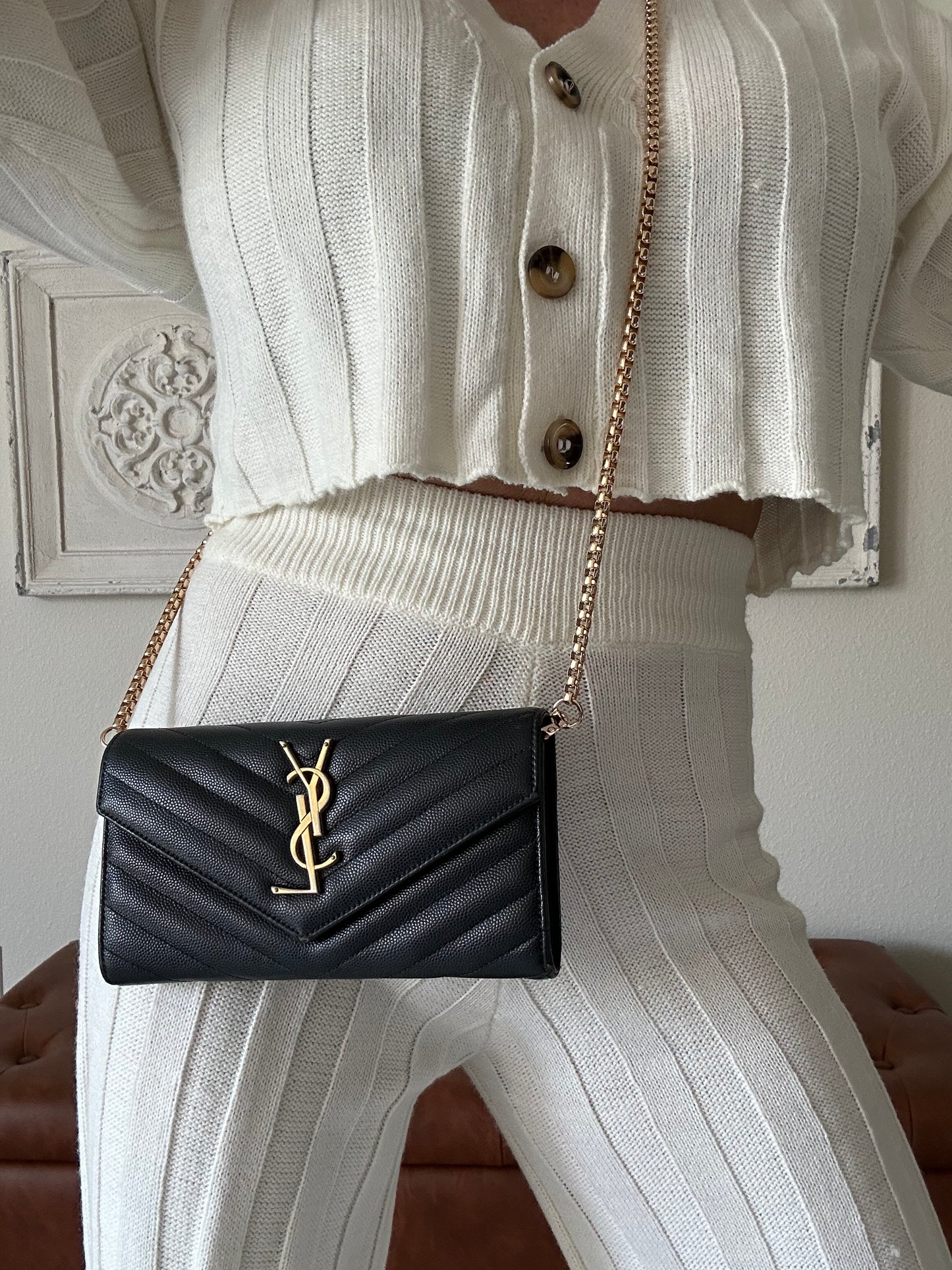 YSL Caviar Leather Flap Crossbody Purse Clutch WOC Black Gold