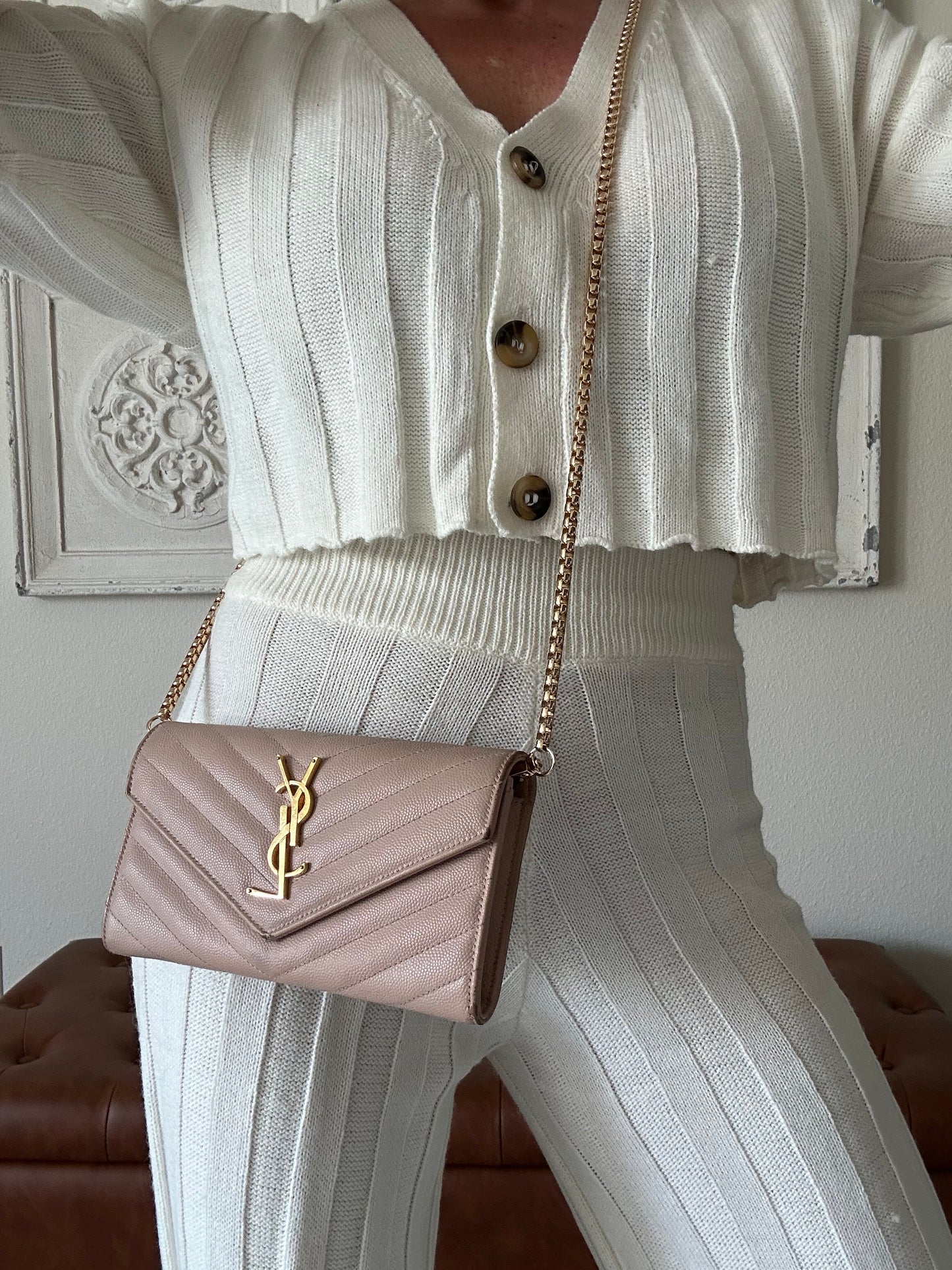 YSL Caviar Leather Flap Crossbody Purse Clutch WOC pink Gold