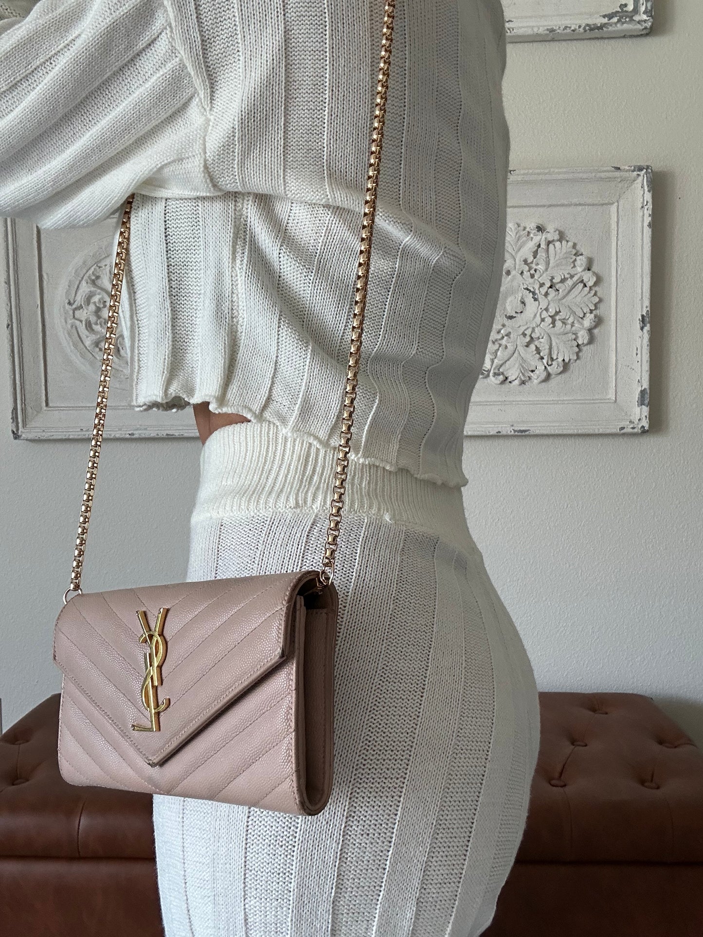 YSL Caviar Leather Flap Crossbody Purse Clutch WOC pink Gold