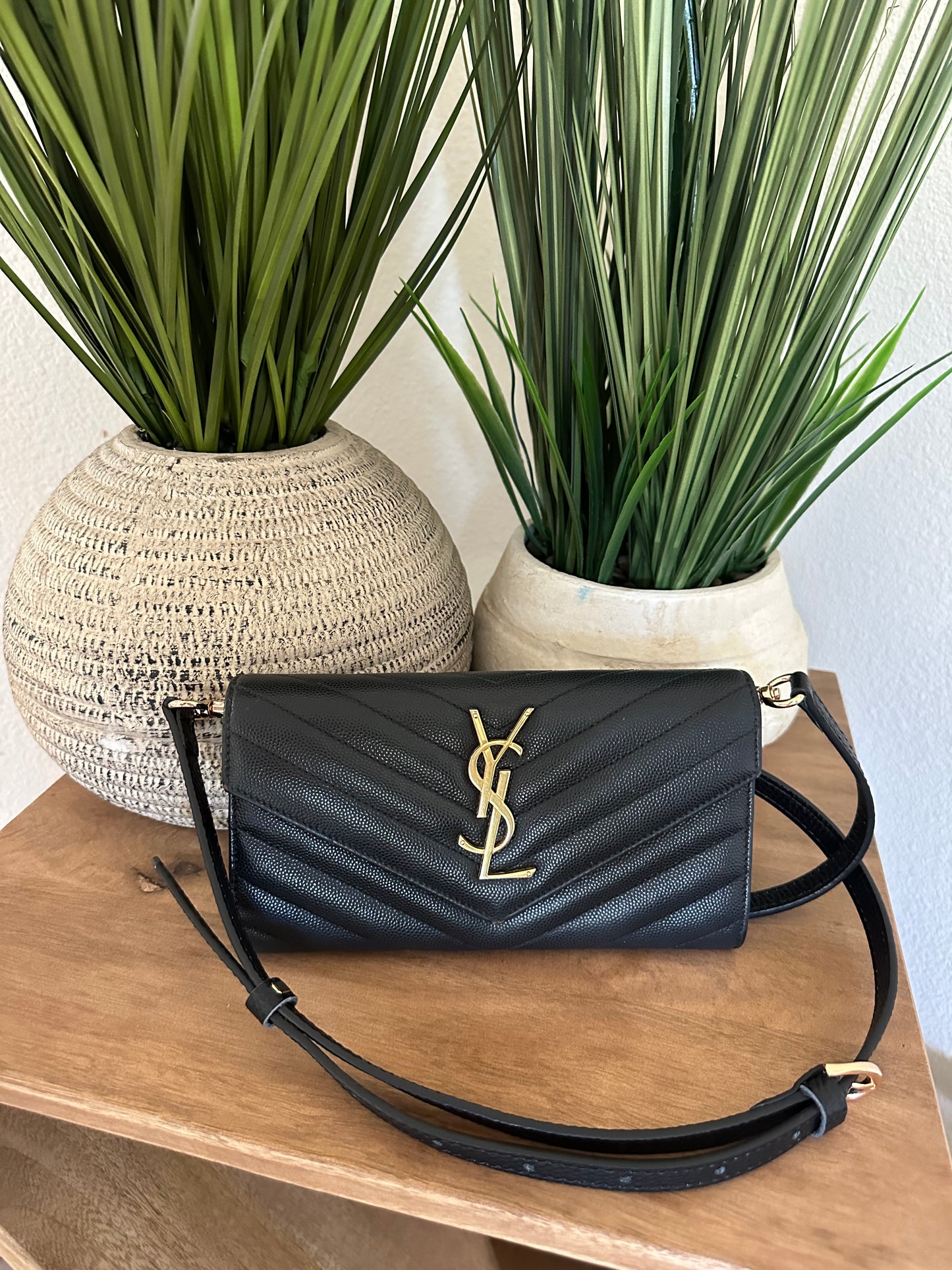 YSL Caviar Leather Flap Crossbody Purse Clutch WOC Black Gold