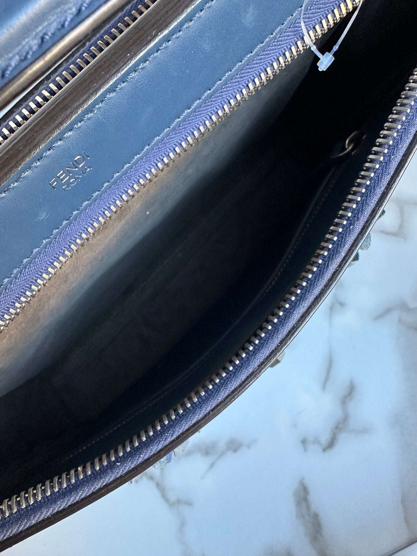 Fendi Dotcom Medium Flower Studded Denim Blue Satchel