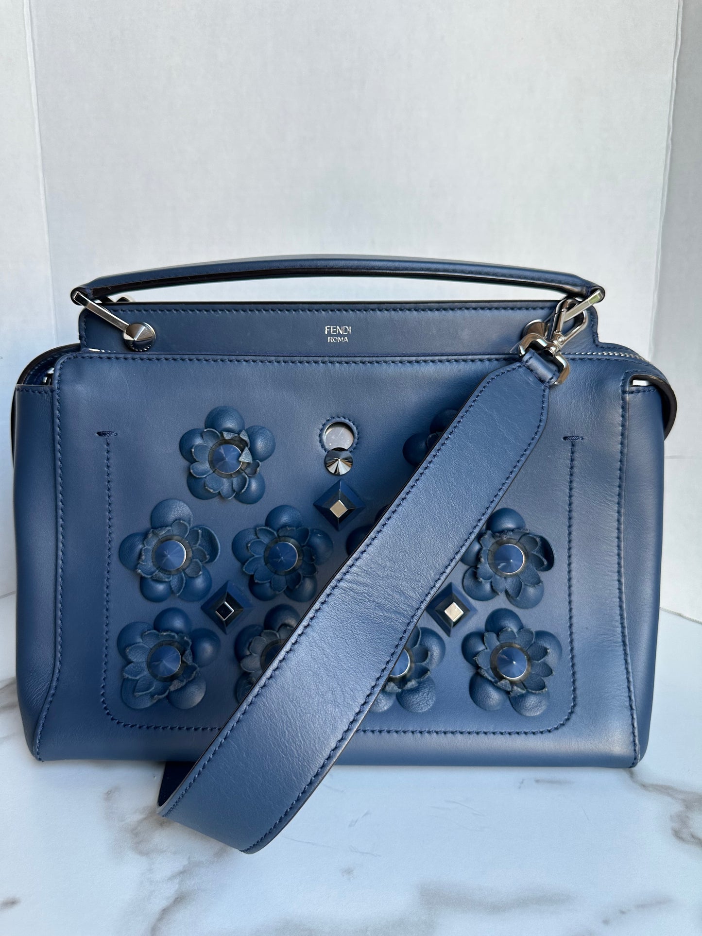 Fendi Dotcom Medium Flower Studded Denim Blue Satchel