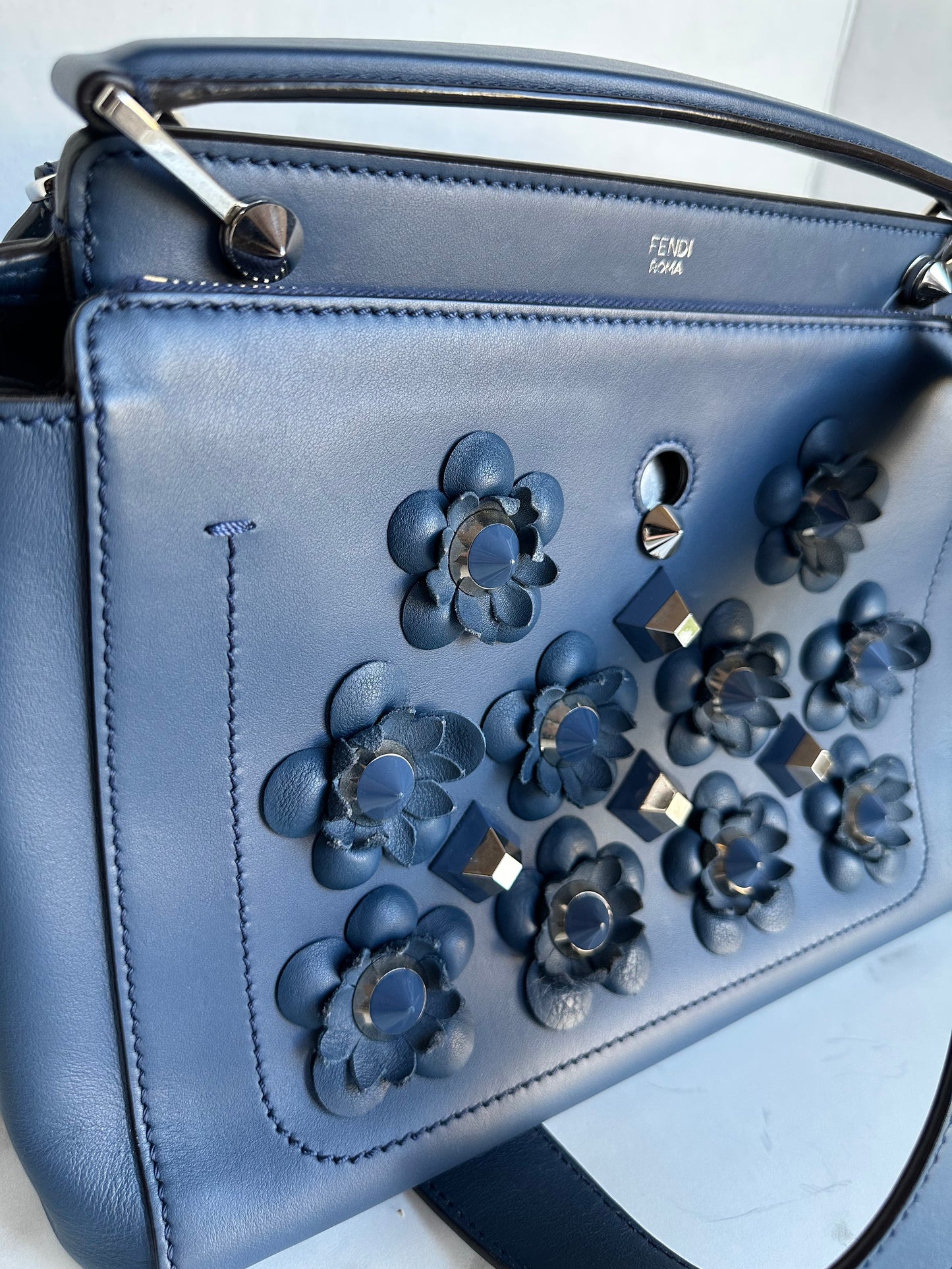 Fendi Dotcom Medium Flower Studded Denim Blue Satchel